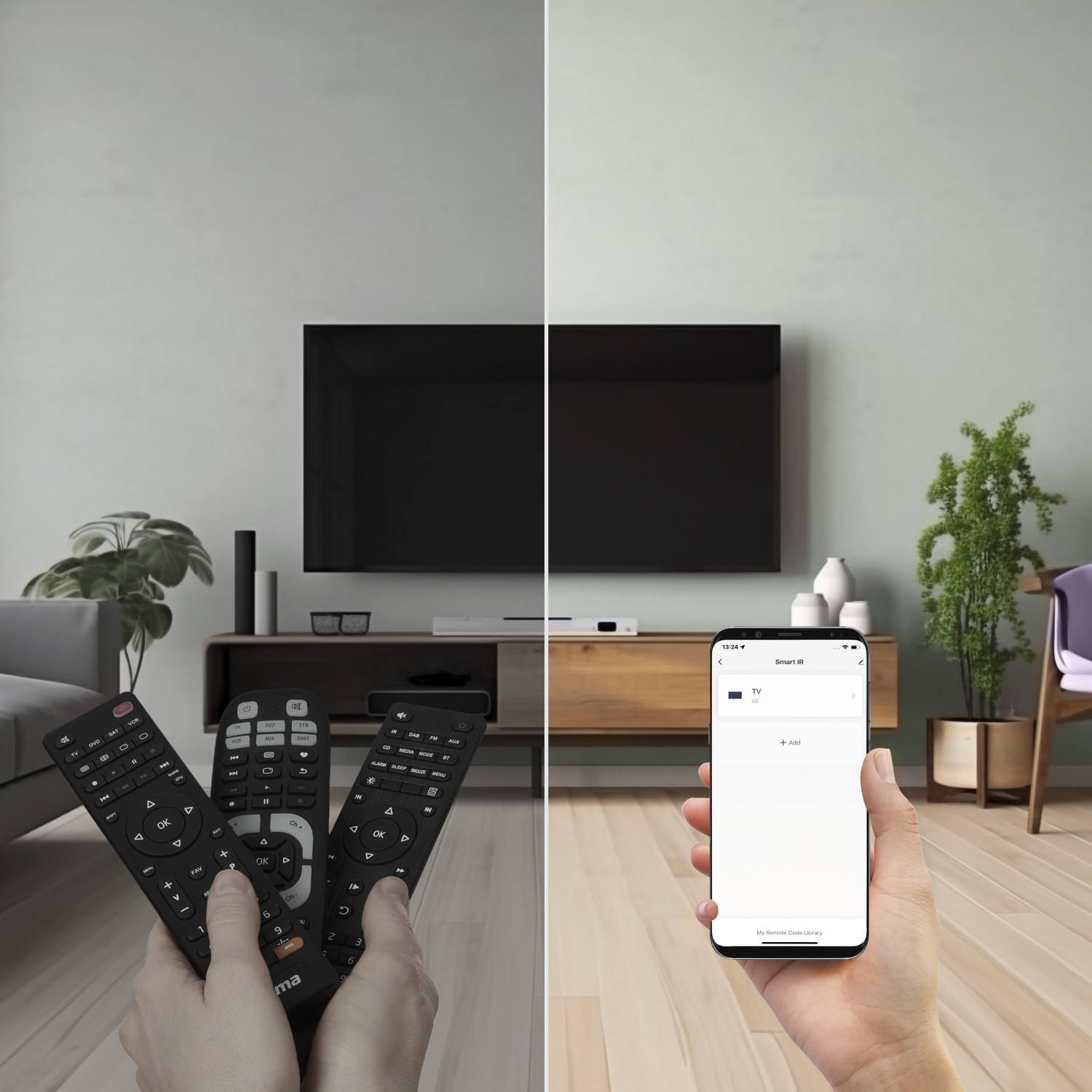 A person holds a phone and three remotes. A TV is in the background.