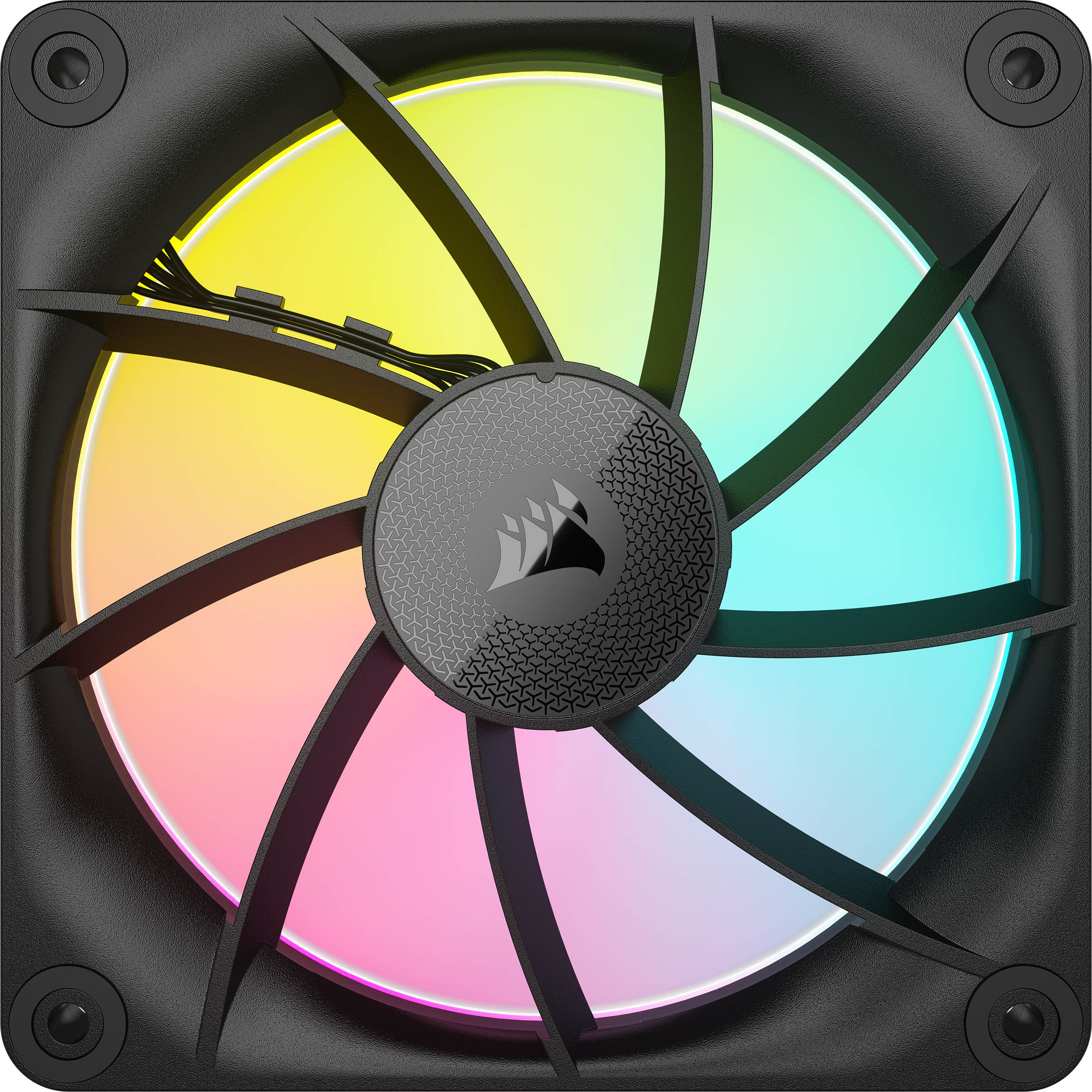 Nahaufnahme eines Corsair-Lüfters mit RGB-Beleuchtung und schwarzem Rahmen.