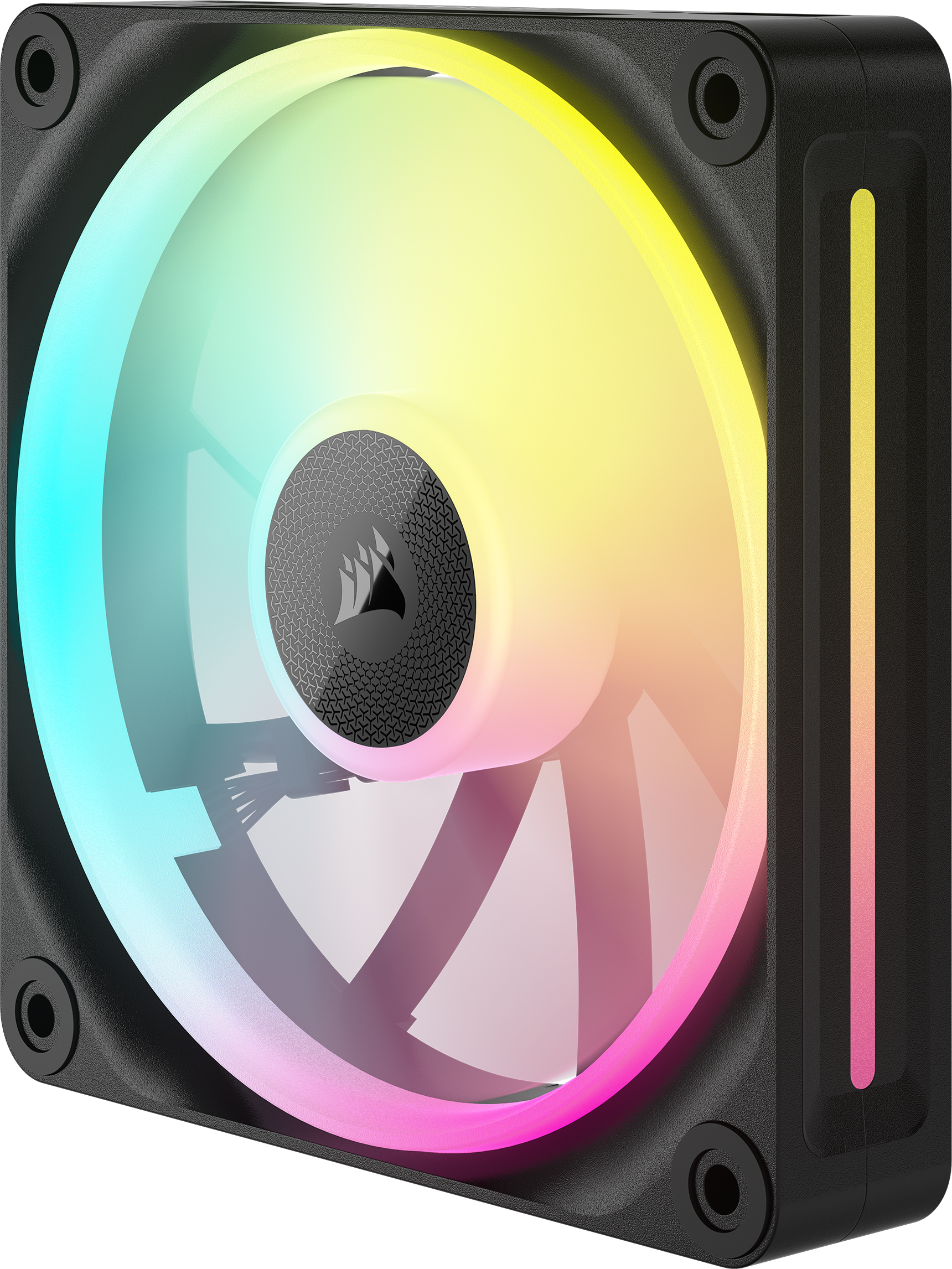 RGB PC-Lüfter mit bunten, kreisförmigen Lichtern und einem schwarzen Rahmen.