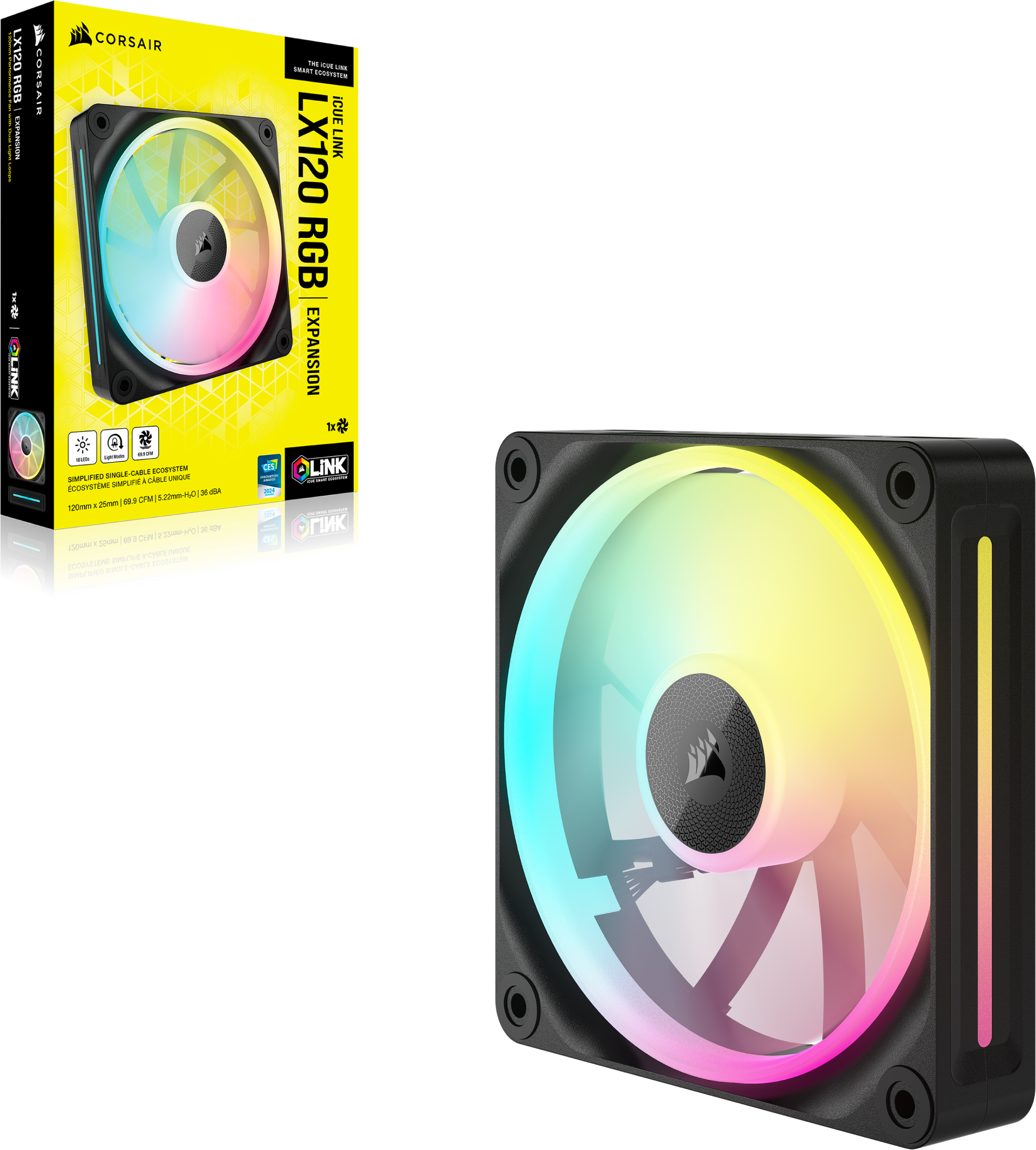 Ein Computerlüfter mit einer Box. Der Lüfter hat RGB-Lichter und einen schwarzen Rahmen.