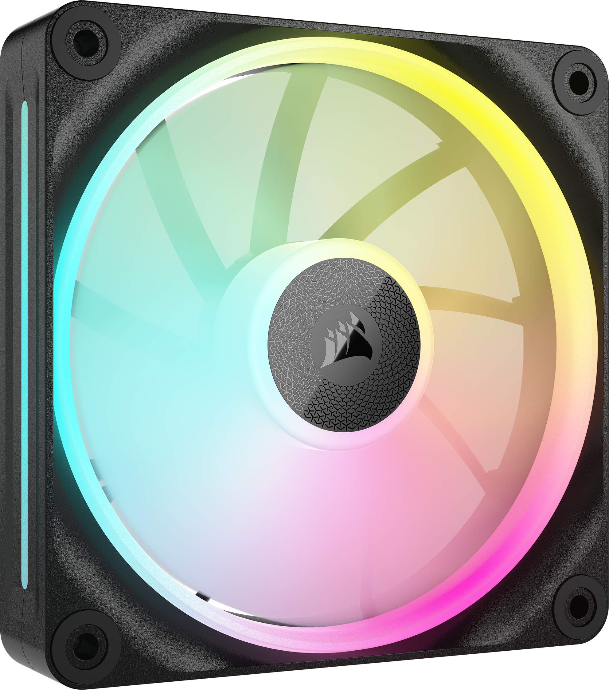 Ein Computerventilator mit schwarzem Rahmen und transparentem Zentrum, das einen Regenbogen an Farben zeigt.