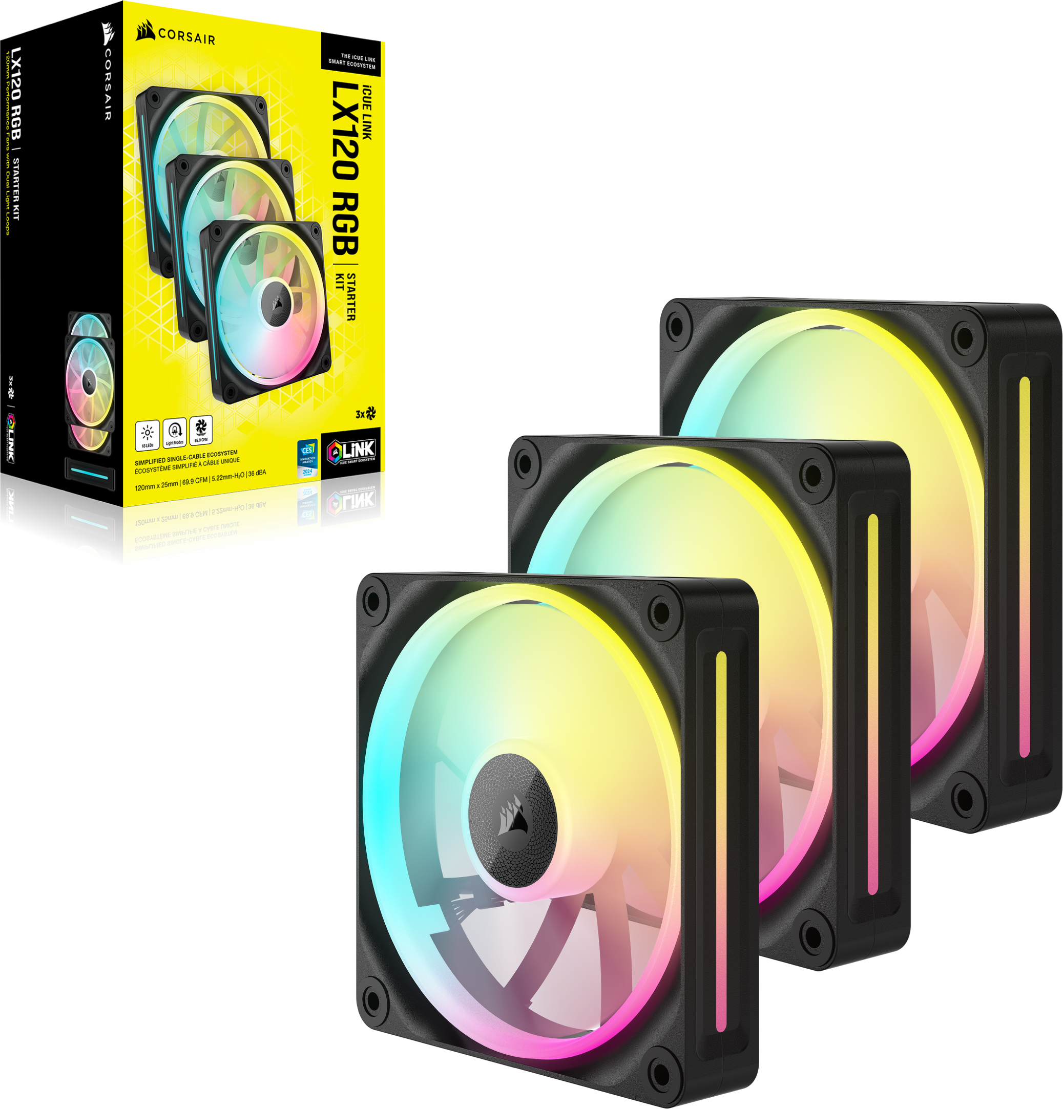 Drei Corsair LX120 RGB-Lüfter. Die Lüfter sind schwarz mit bunten, beleuchteten Flügeln.