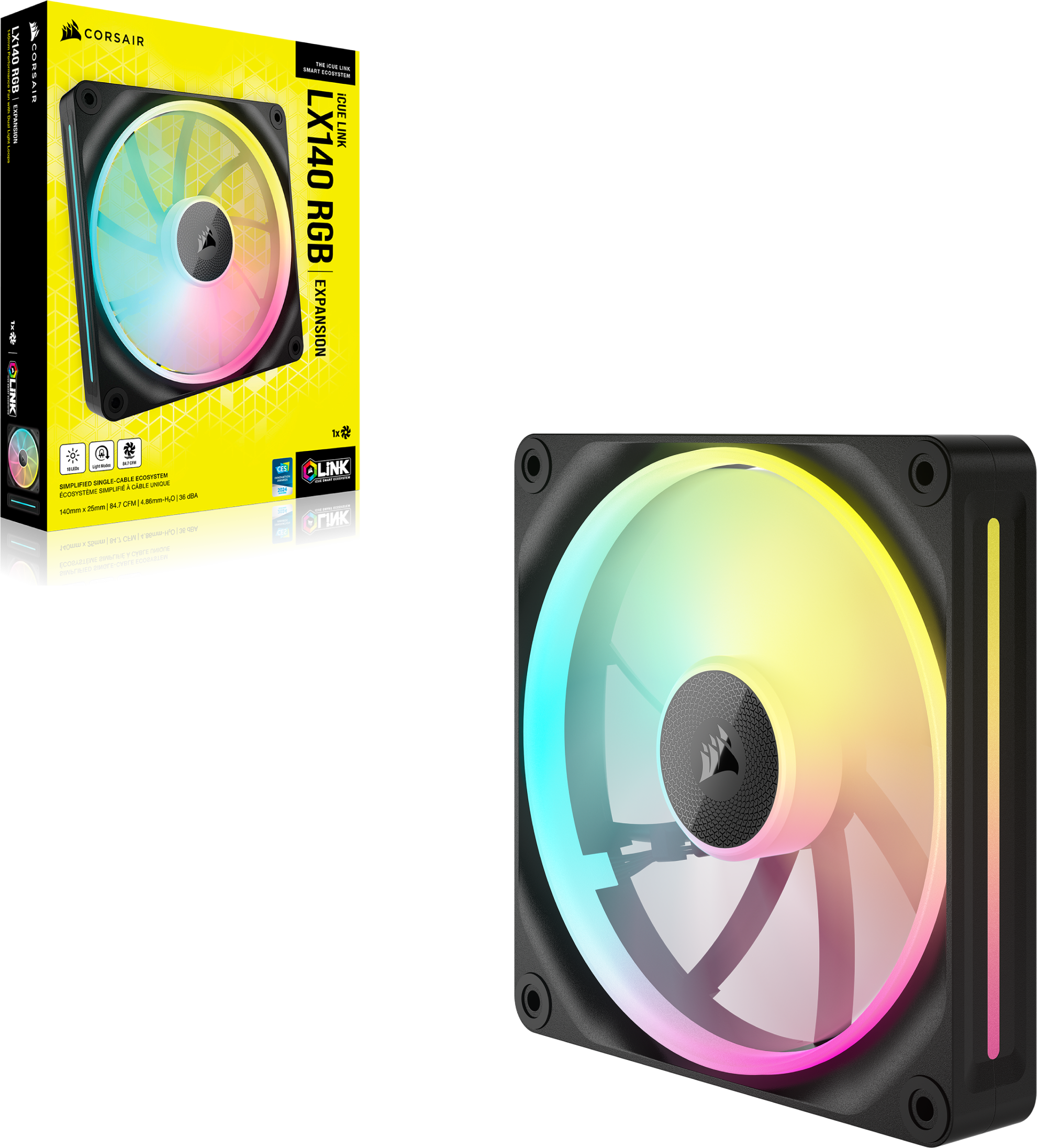 Corsair LX140 RGB Erweiterungsventilator und -box. Der Lüfter ist schwarz, mit RGB-Beleuchtung und klarem Rahmen.