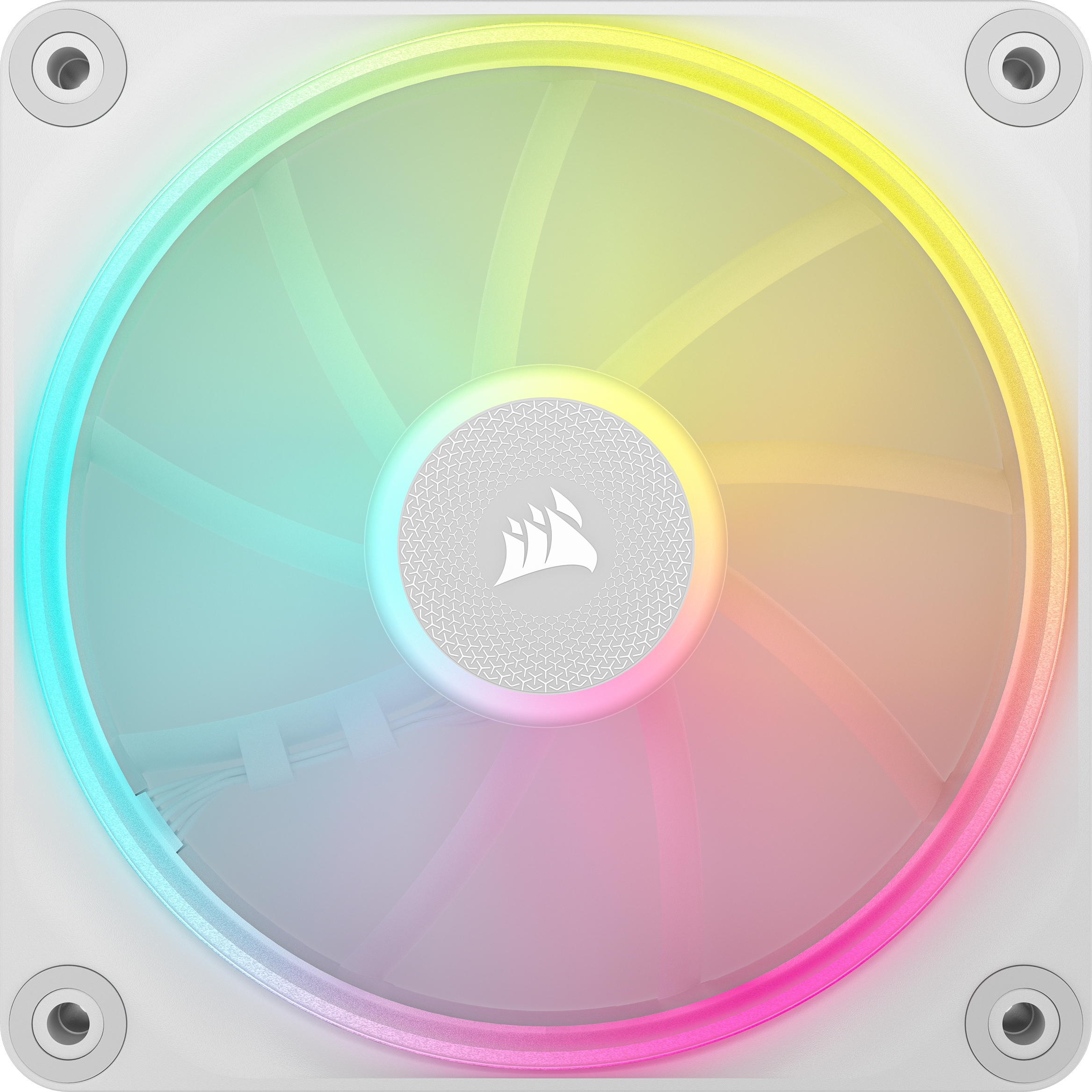 Ein Computerlüfter mit weißem Rahmen und einer bunten, regenbogenartigen Lichtanzeige.