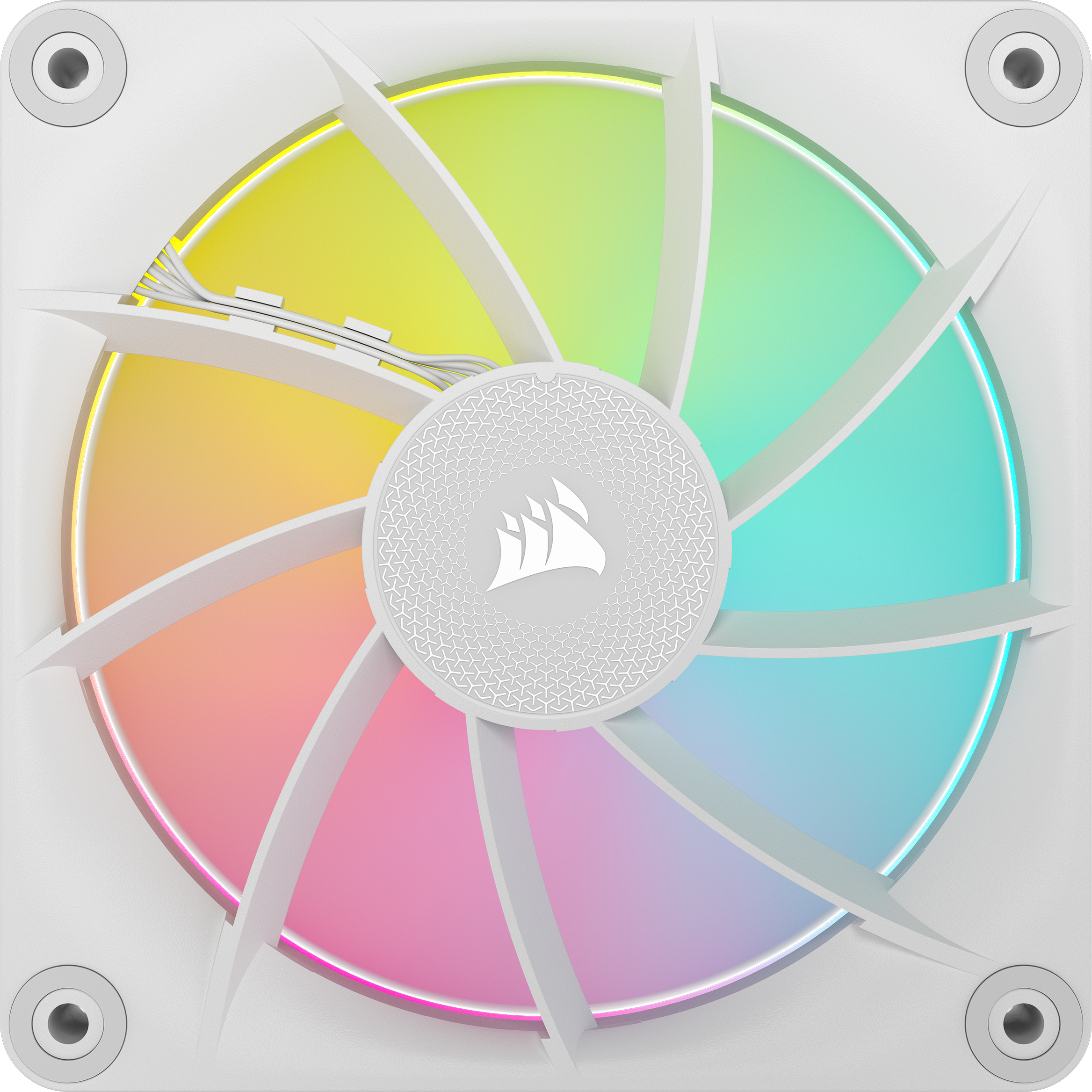 Ein weißer Computerlüfter mit regenbogenfarbenen Flügeln und zentralem Logo, mit vier Schrauben.