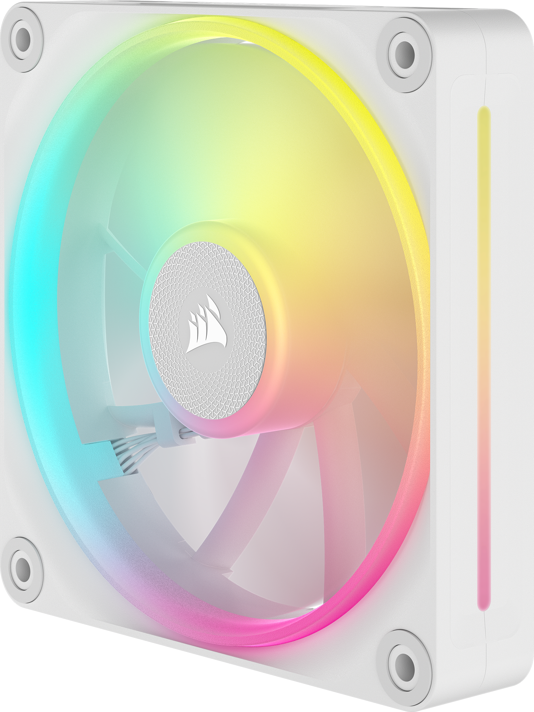 Weißer Computerlüfter mit RGB-Beleuchtung.