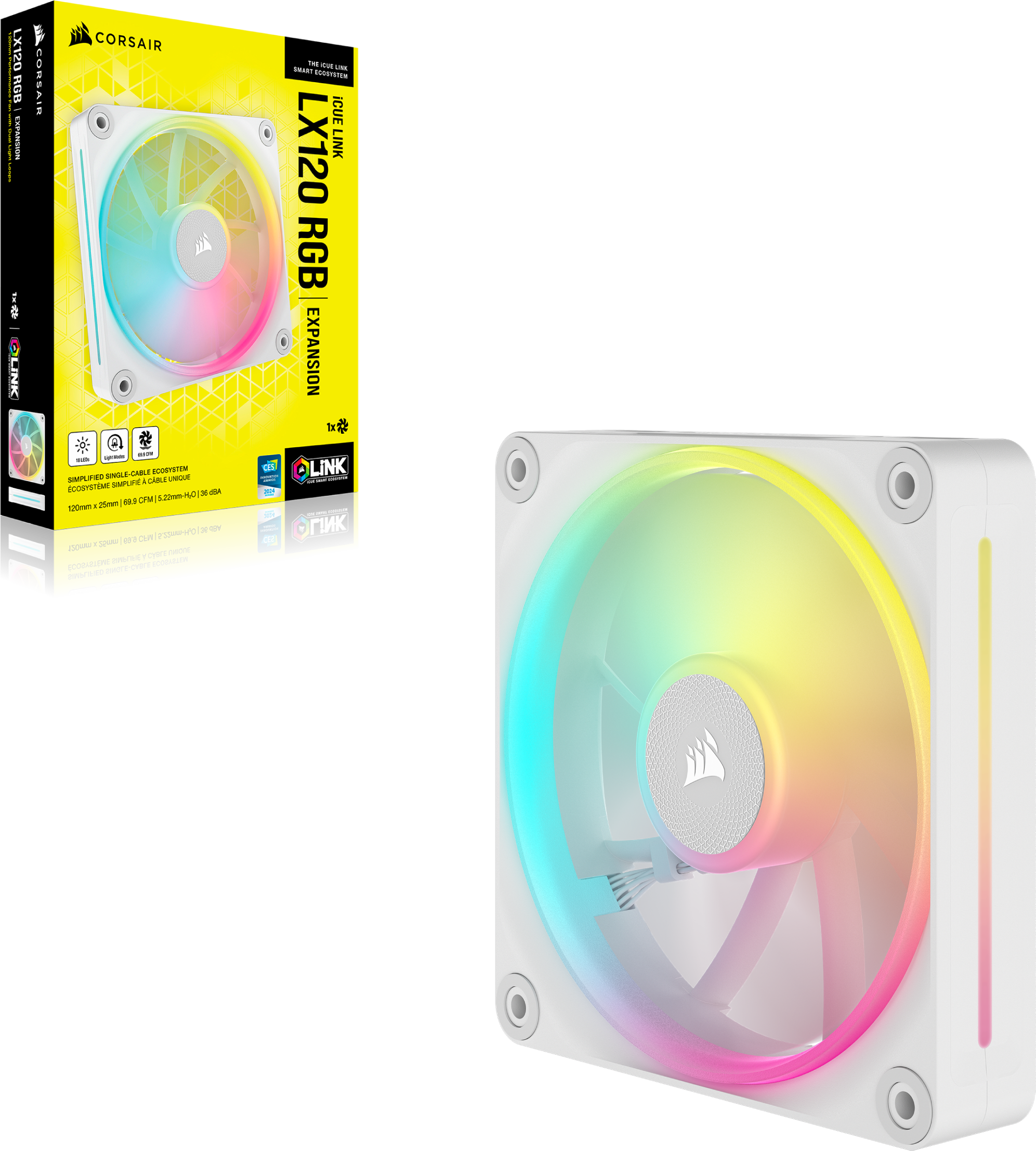 Ein weißer Computerlüfter mit farbenfrohen RGB-Lichtern und eine Box auf der linken Seite.