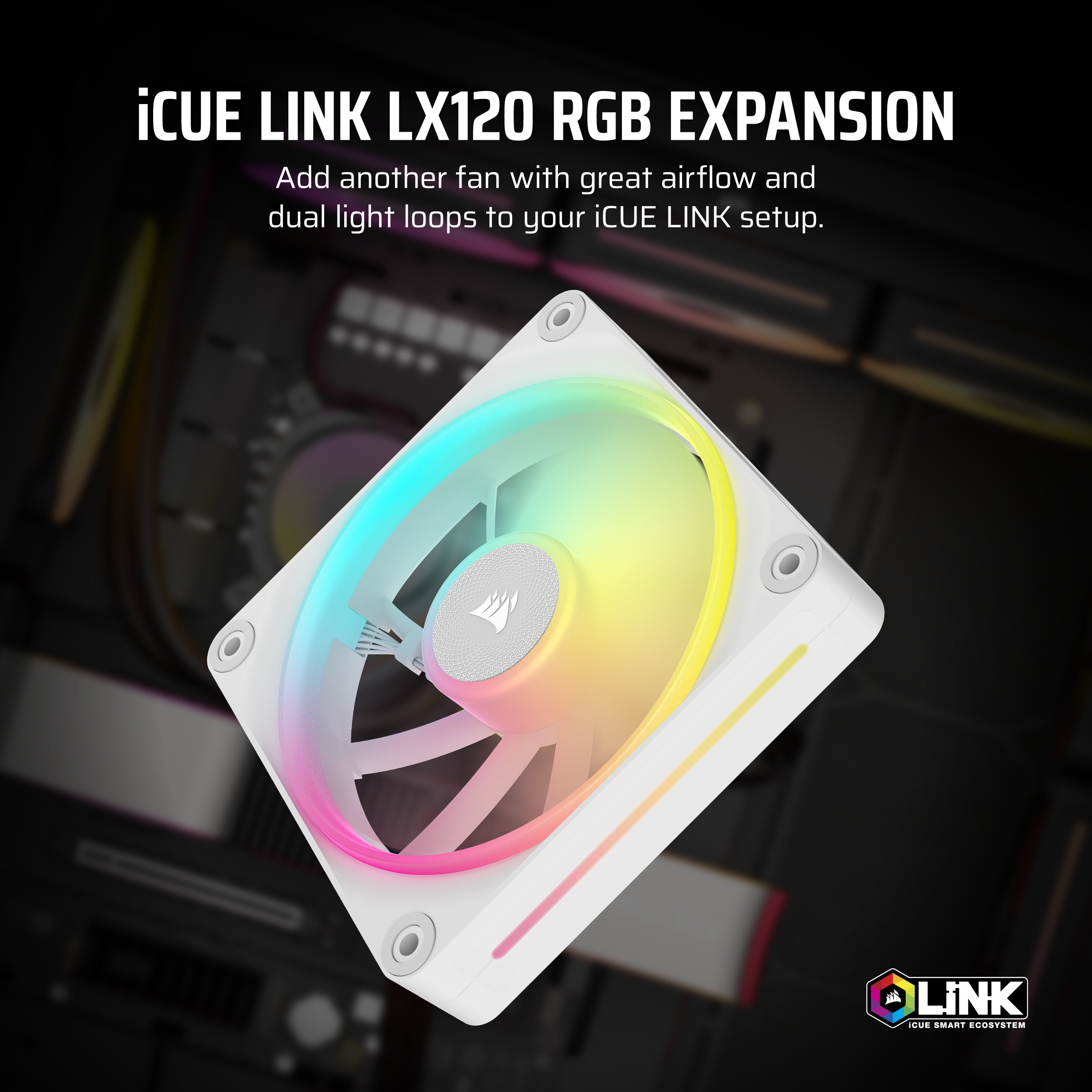 RGB-Lüfter mit weißem Rahmen, bunten Lichtern und Text: iCUE LINK LX120 RGB EXPANSION.