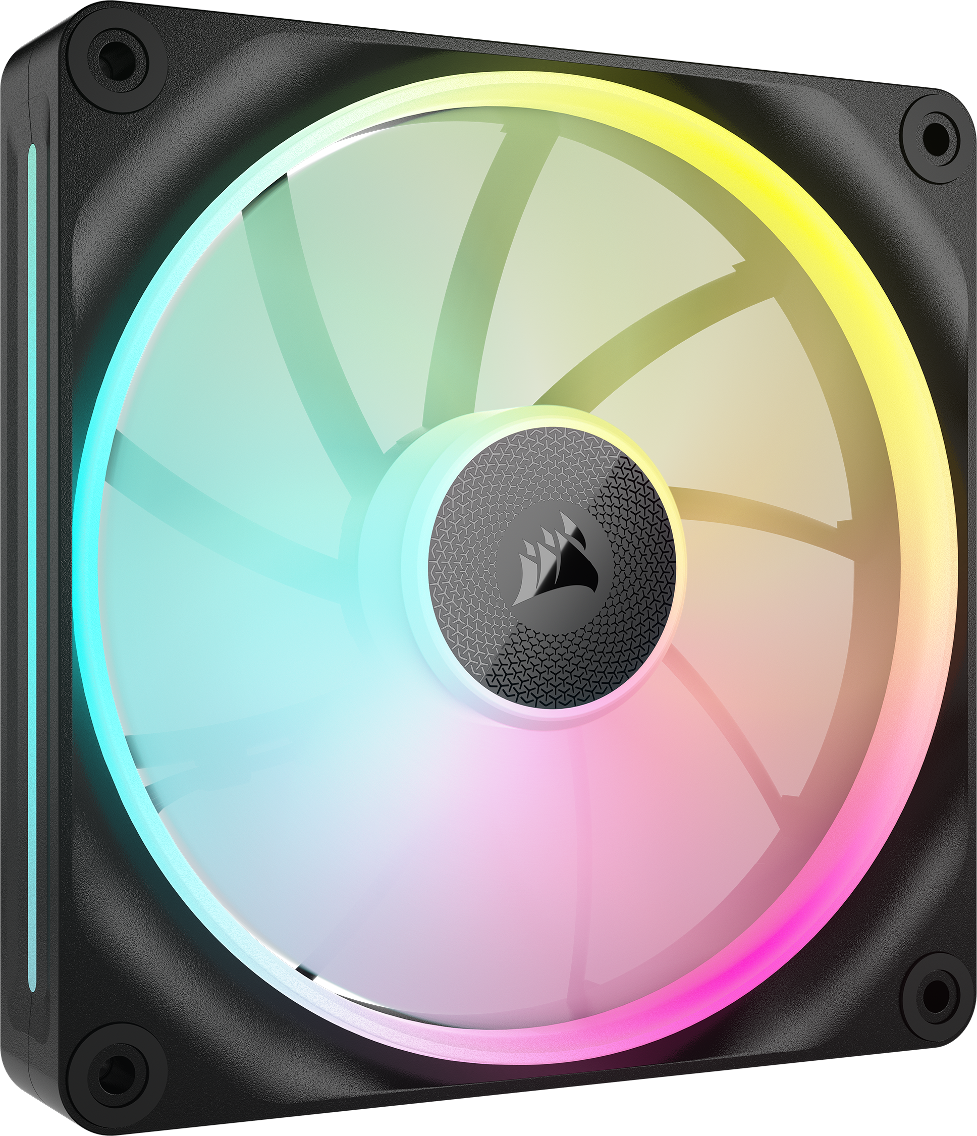 Ein schwarzer Computerlüfter mit farbenfroher RGB-Beleuchtung.