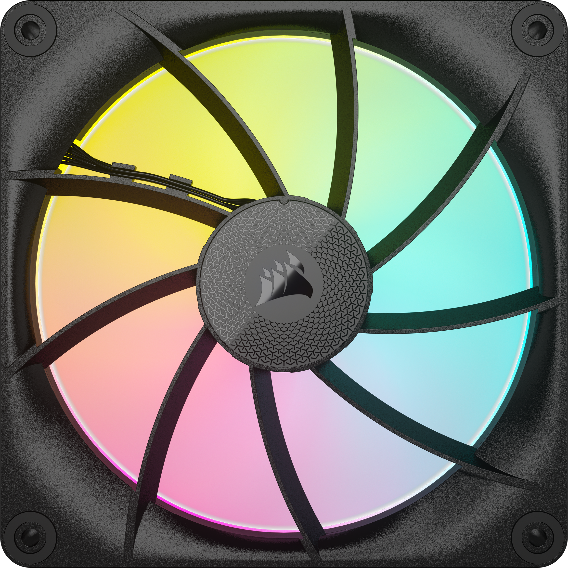 Schwarzer Lüfter mit Regenbogenfarben und Corsair-Logo. Flügel und Außenring sind schwarz.