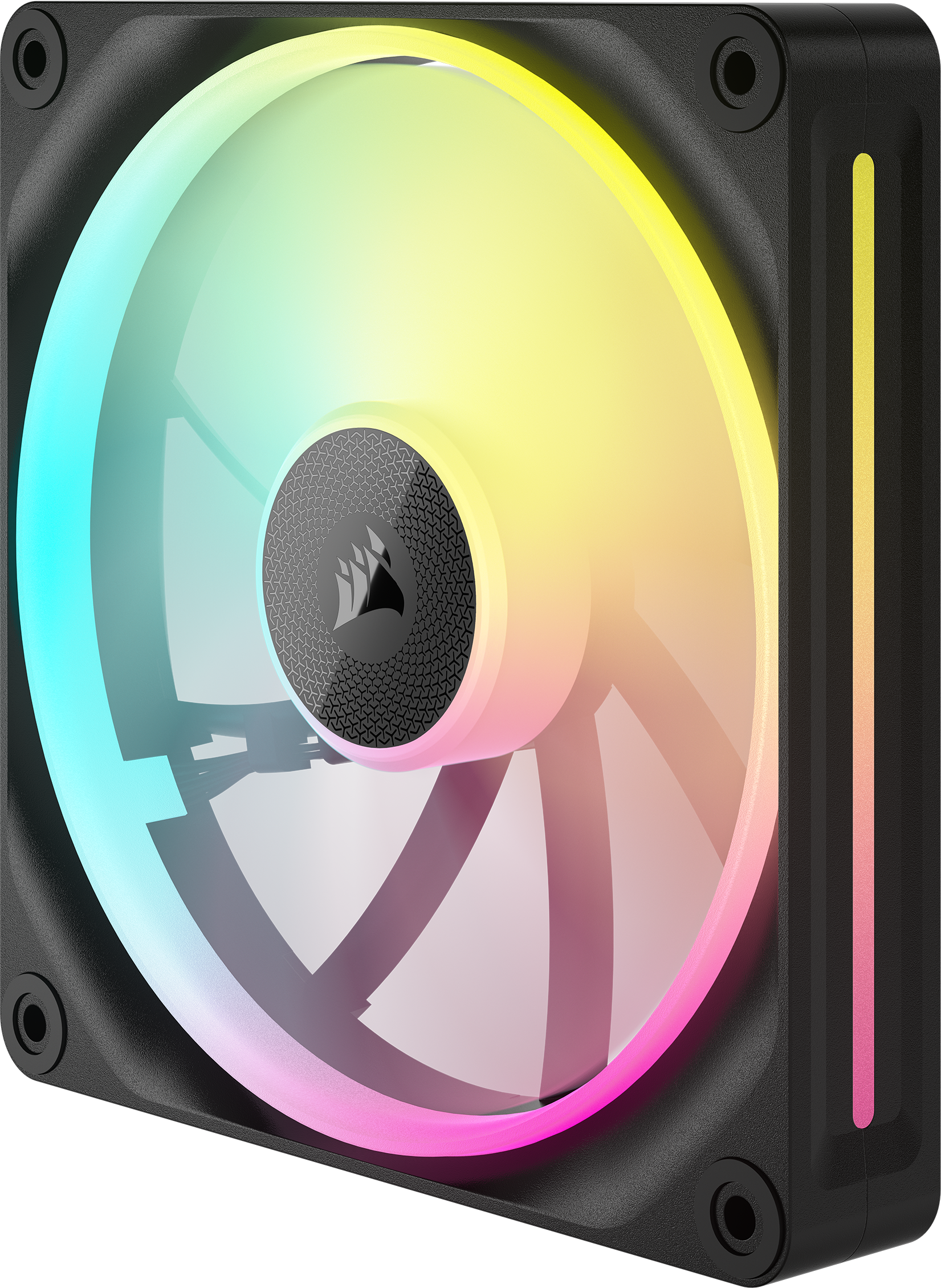 RGB-Lüfter mit schwarzem Rahmen, der farbenfrohes Licht zeigt.