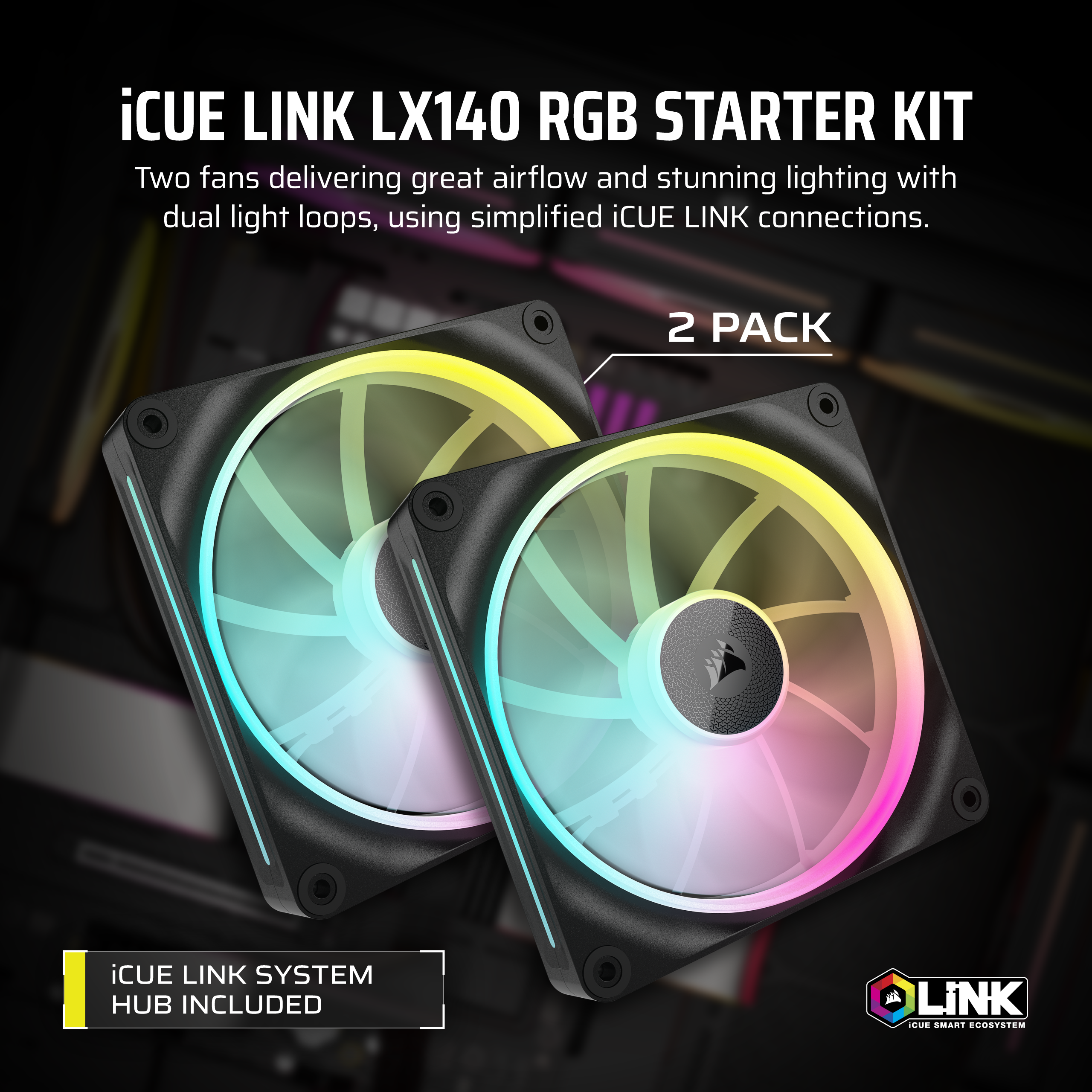 Zwei Computerventilatoren mit RGB-Beleuchtung in einer schwarzen Umgebung.
