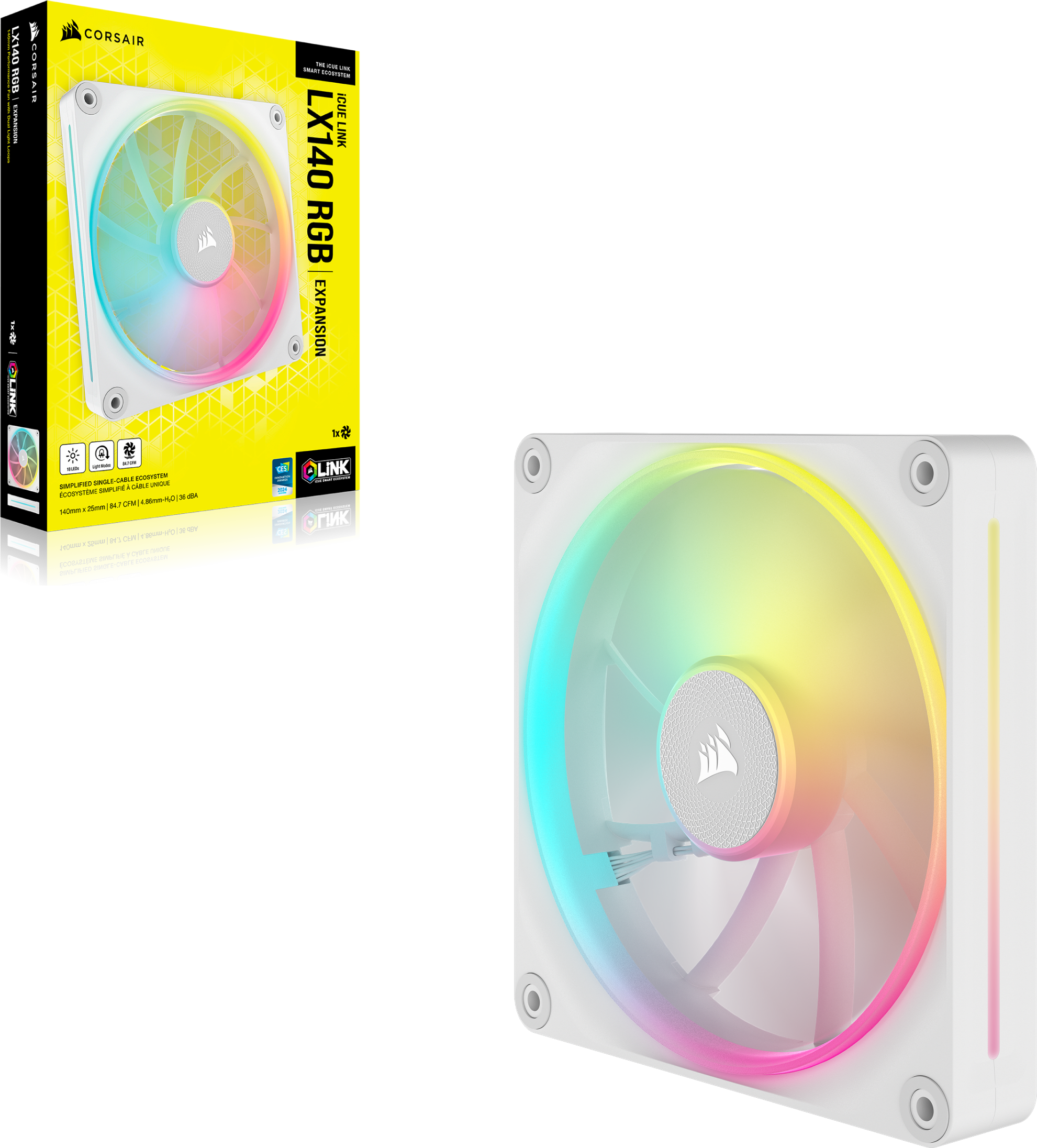 Computerlüfter mit RGB-Beleuchtung. Eine Box mit dem Lüfter befindet sich links.