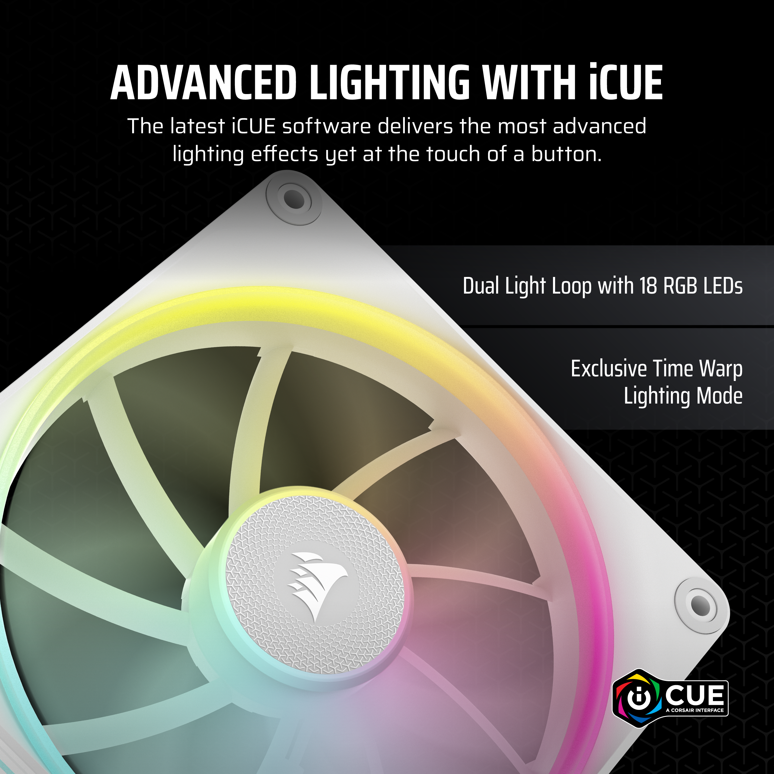 Ein weißer Lüfter mit RGB-Beleuchtung, Corsair-Logo. Text: Advanced Lighting with iCUE, Dual Light Loop, Time Warp Mode.
