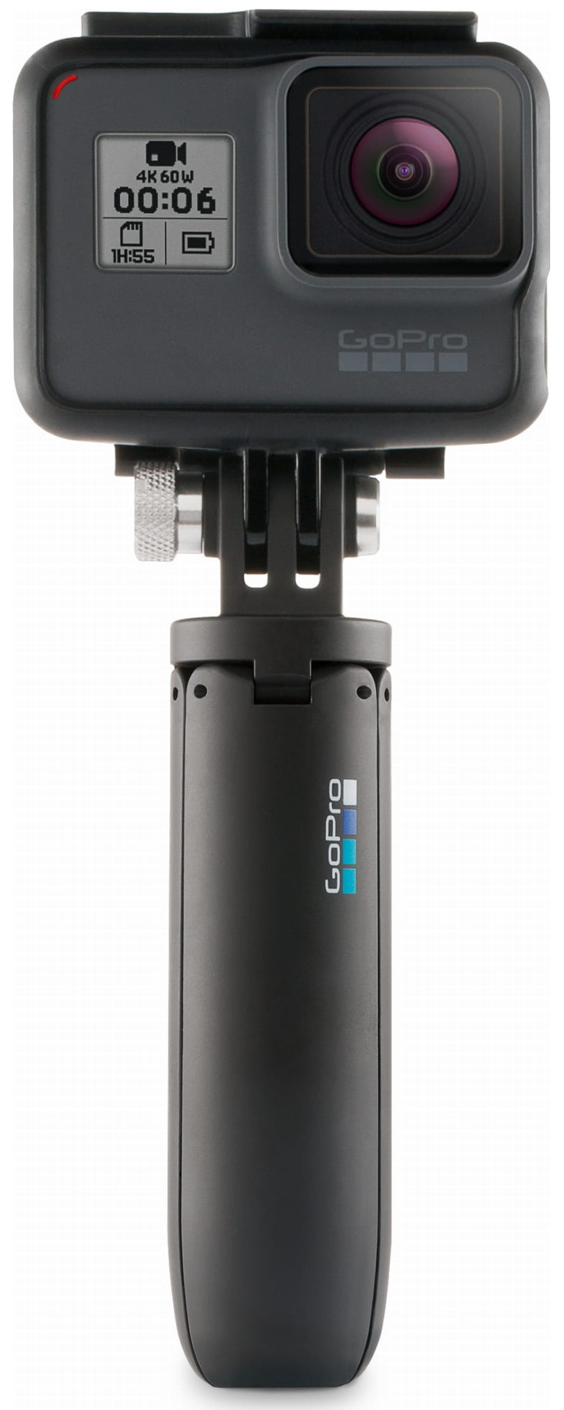 Kamera GoPro z uchwytem. Kamera jest czarna i ma mały ekran.