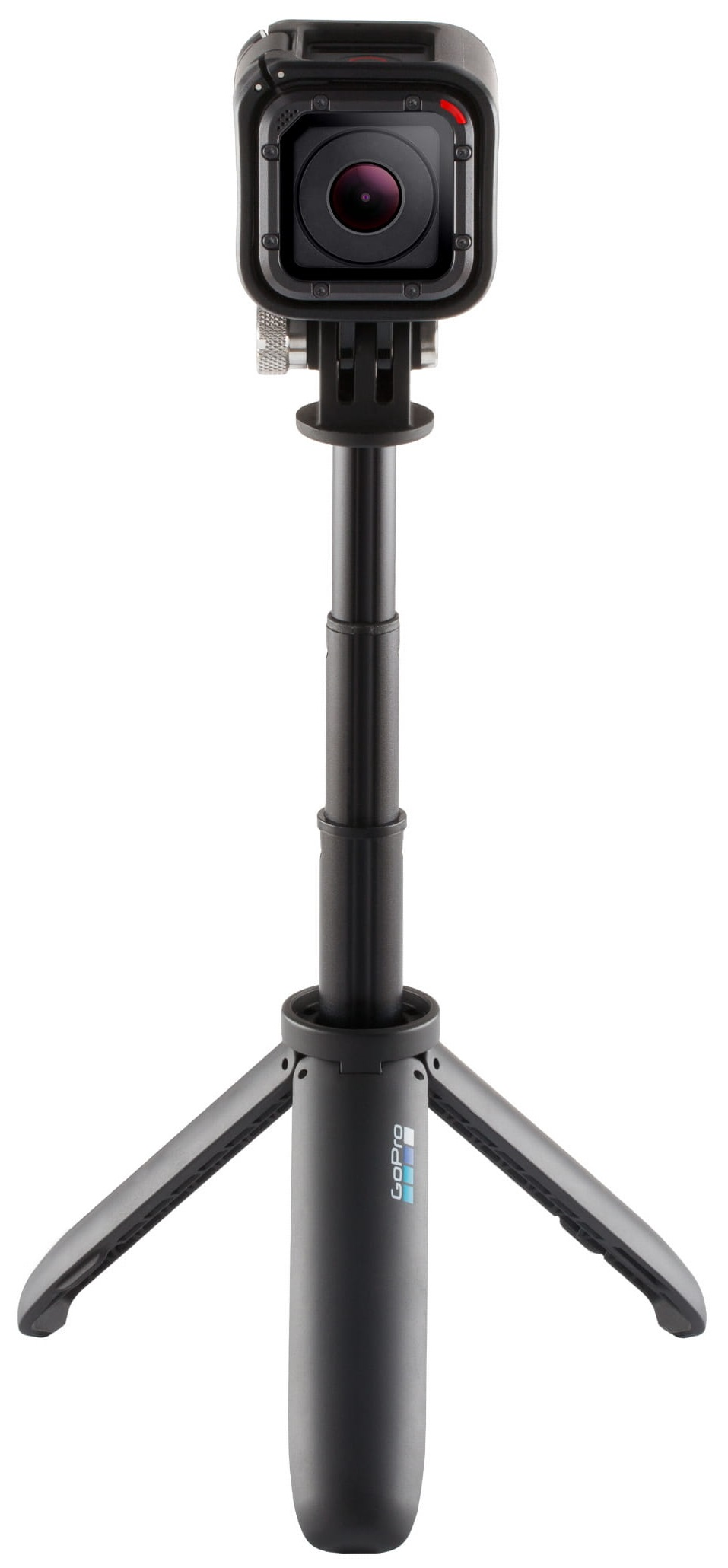 Czarna kamera GoPro na statywie, rozłożona.