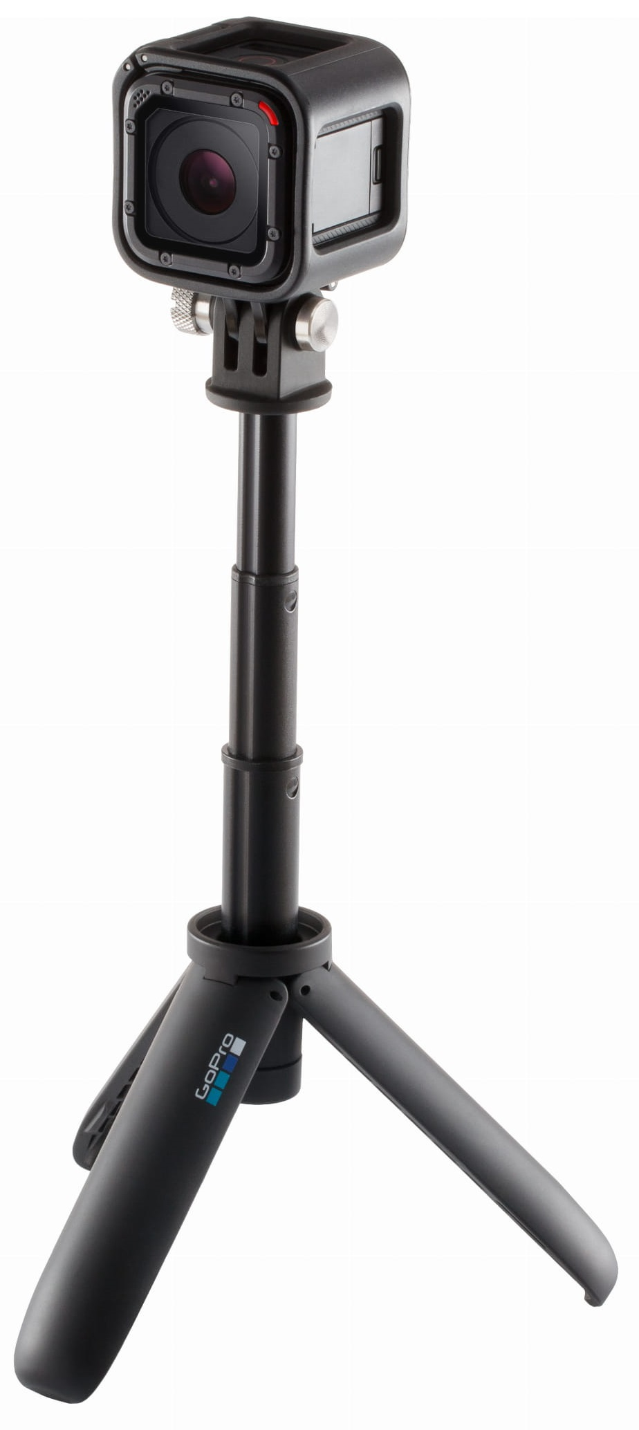 Kamera GoPro na statywie, skierowana w górę, na białym tle.