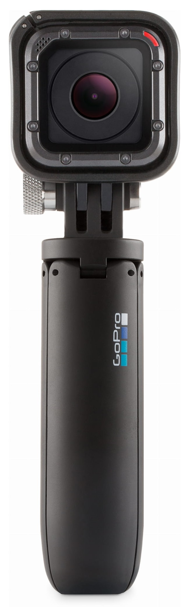 Czarna kamera GoPro na uchwycie, widok z przodu, z logo GoPro na uchwycie.