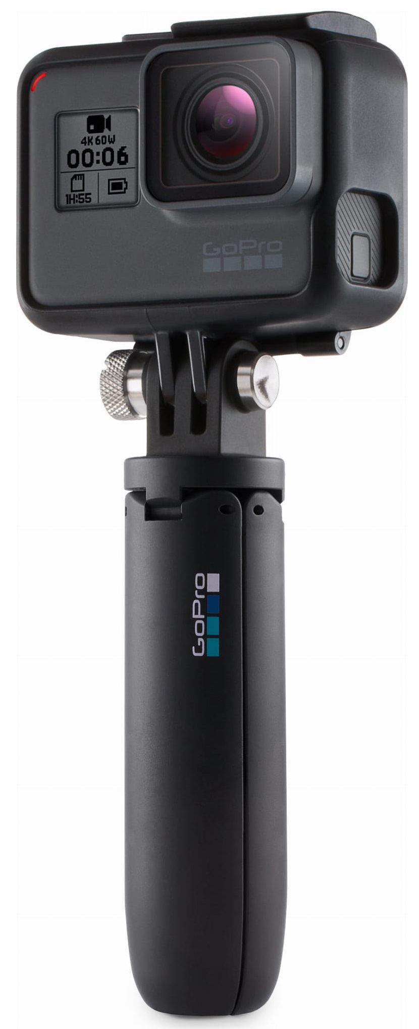 Kamera GoPro przymocowana do czarnego statywu ręcznego, wyświetlająca czas i informacje o nagrywaniu.