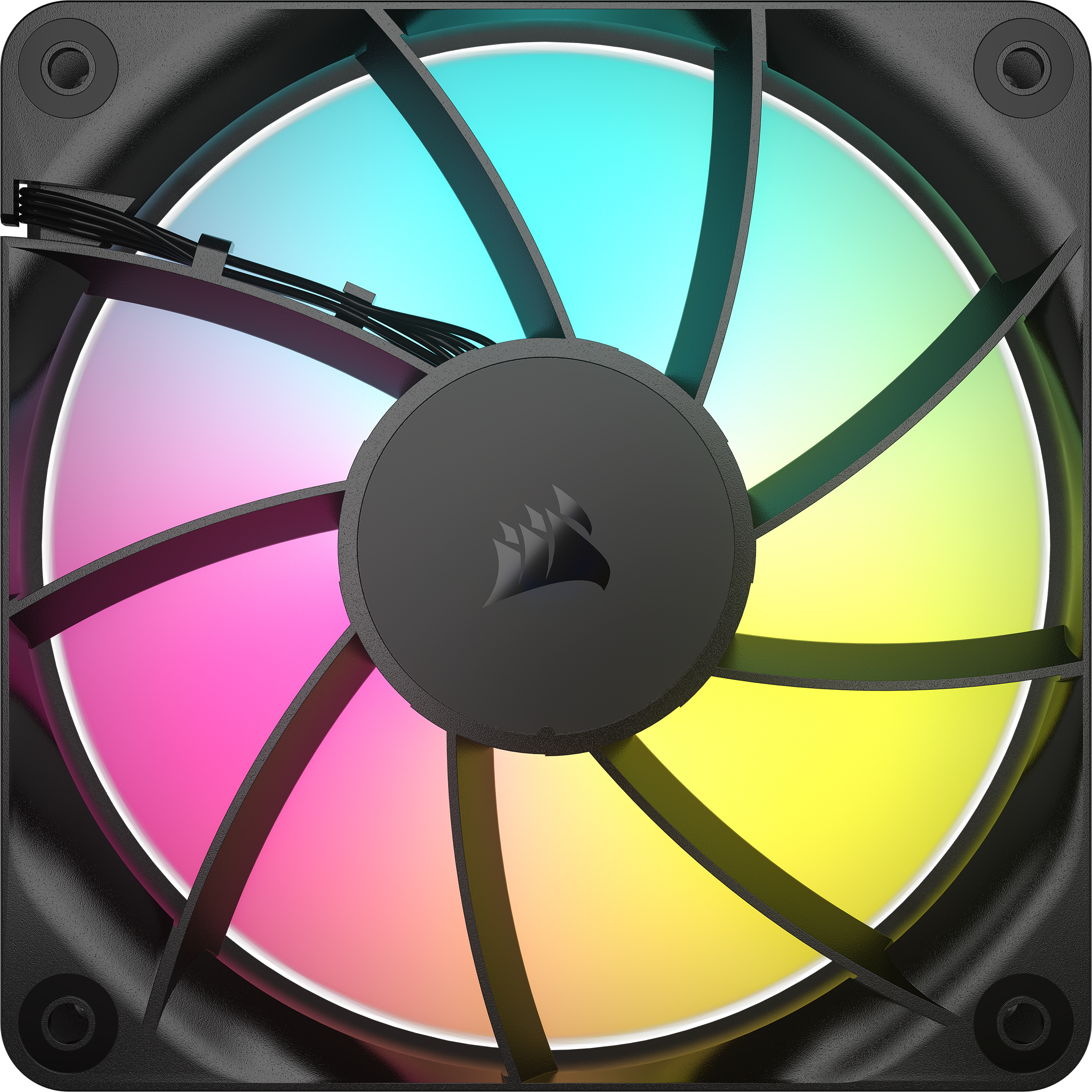 Nahaufnahme eines Computerlüfters mit farbenfroher RGB-Beleuchtung, schwarzem Rahmen und Corsair-Logo.