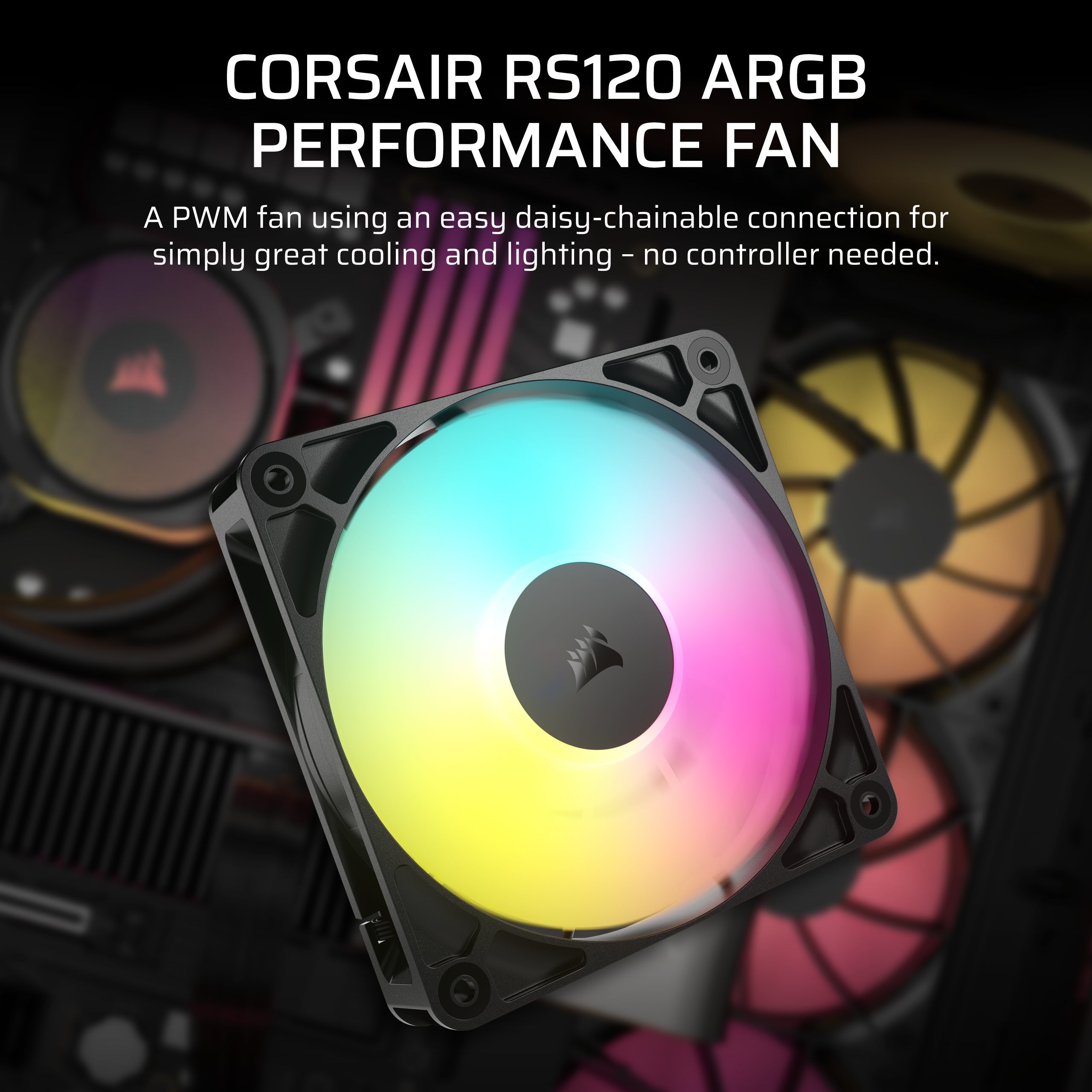 Corsair RS120 ARGB Performance-Lüfter mit bunten Lichtern, schwarzer Rahmen. Andere Lüfter im Hintergrund.