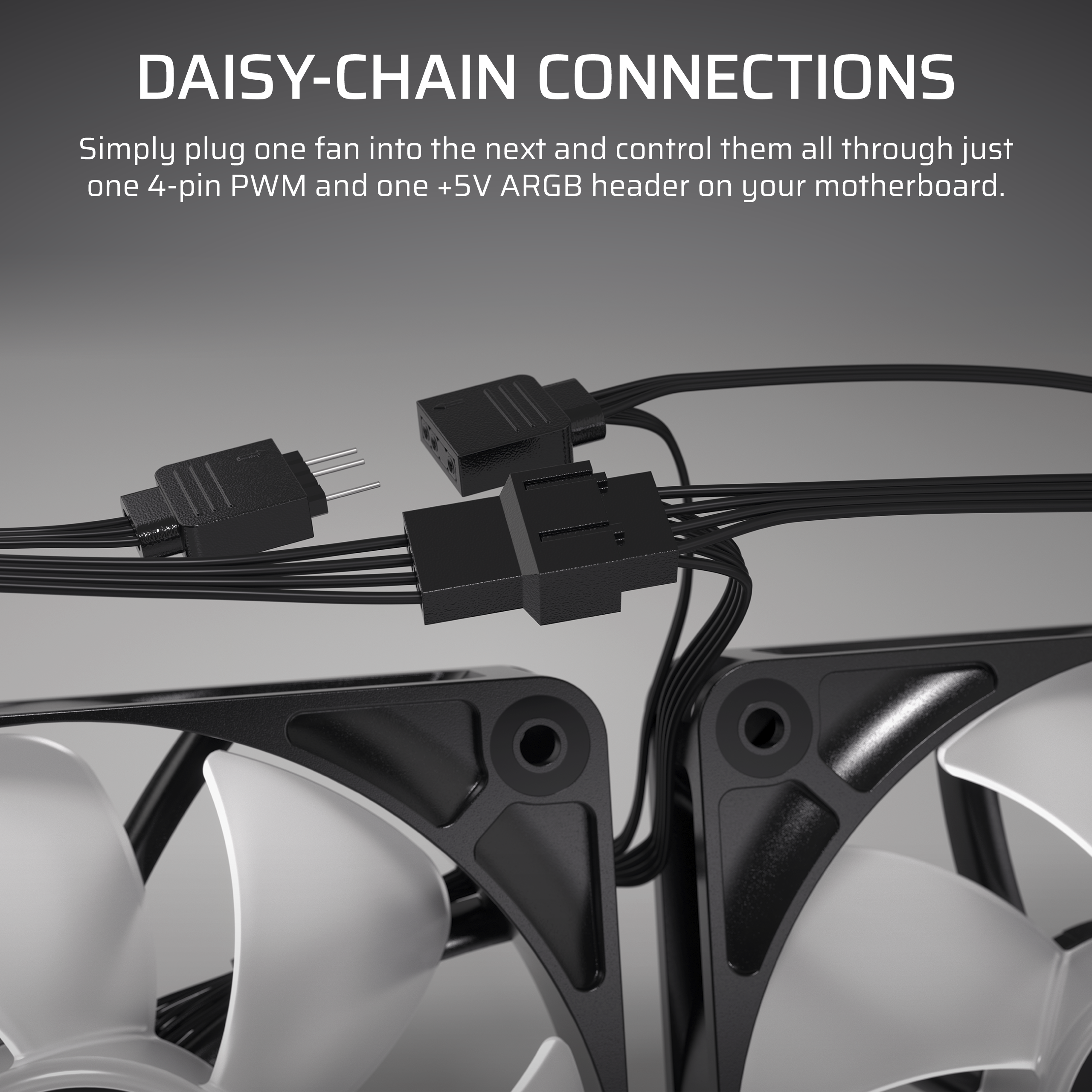 Nahaufnahme von Daisy-Chain-Anschlüssen. Schwarze Anschlüsse, die mit weißen Lüfterblättern verbunden sind. Schwarze Kabel.