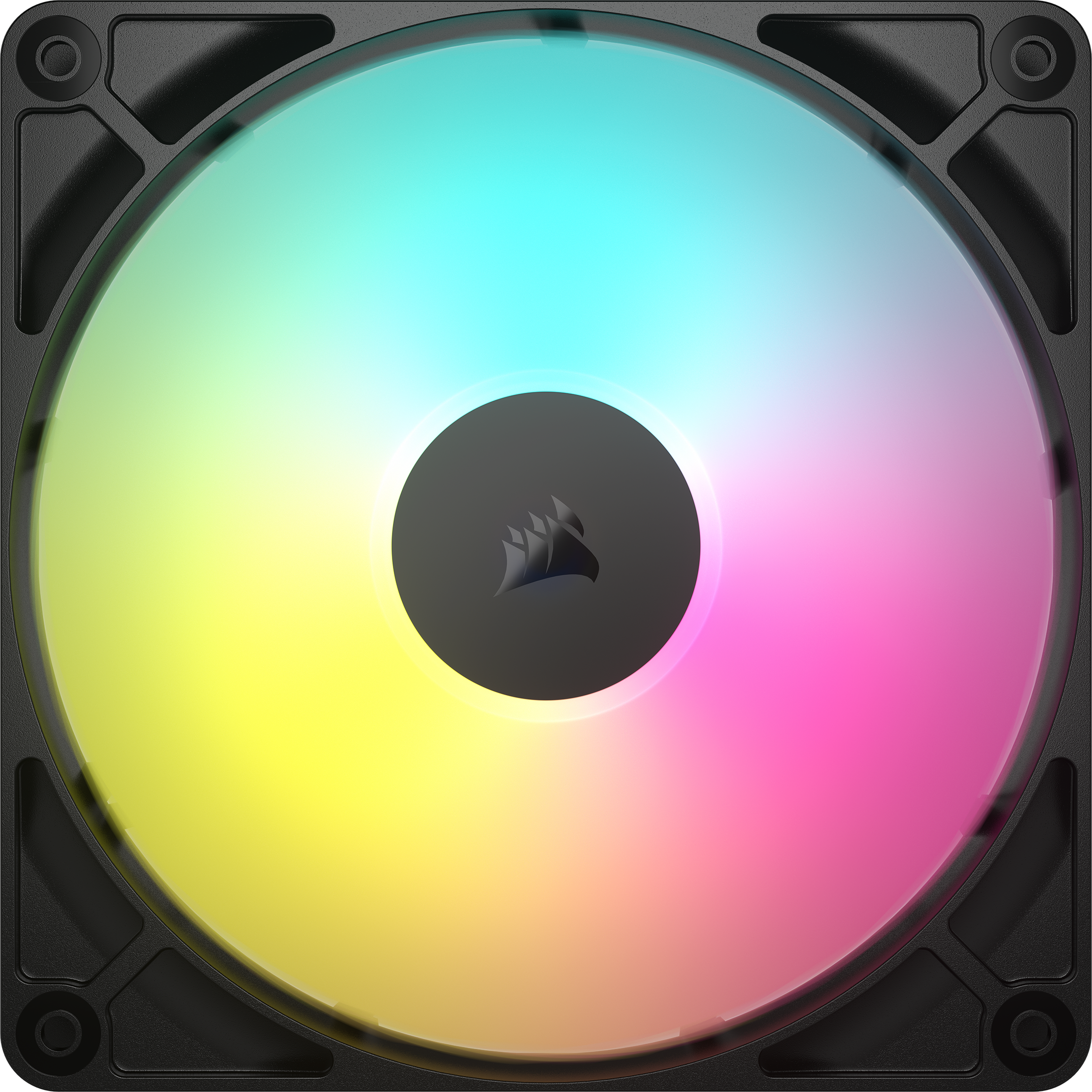 Ein Computerventilator mit schwarzem Rahmen und einem kreisförmigen Zentrum mit Regenbogenfarben. Das Zentrum hat ein Corsair-Logo.