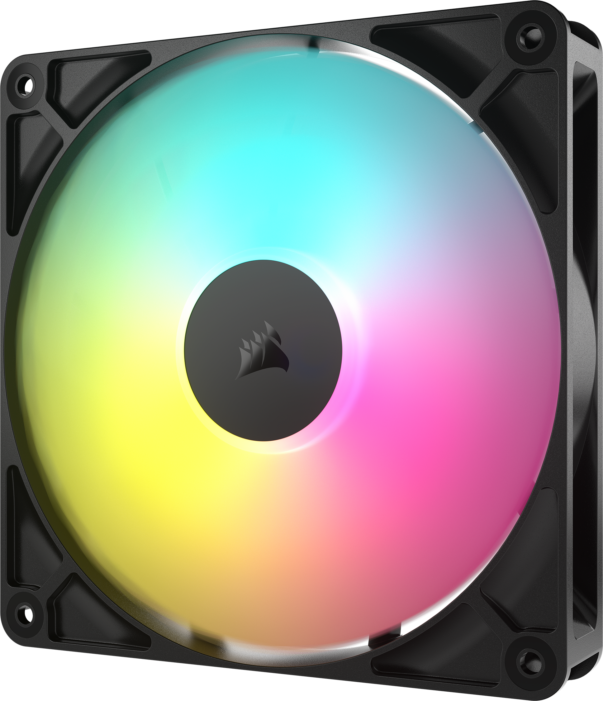 Ein schwarzer Computerlüfter mit bunten Lichtern. Die Mitte hat ein schwarzes Logo. Der Lüfter ist quadratisch mit abgerundeten Ecken.