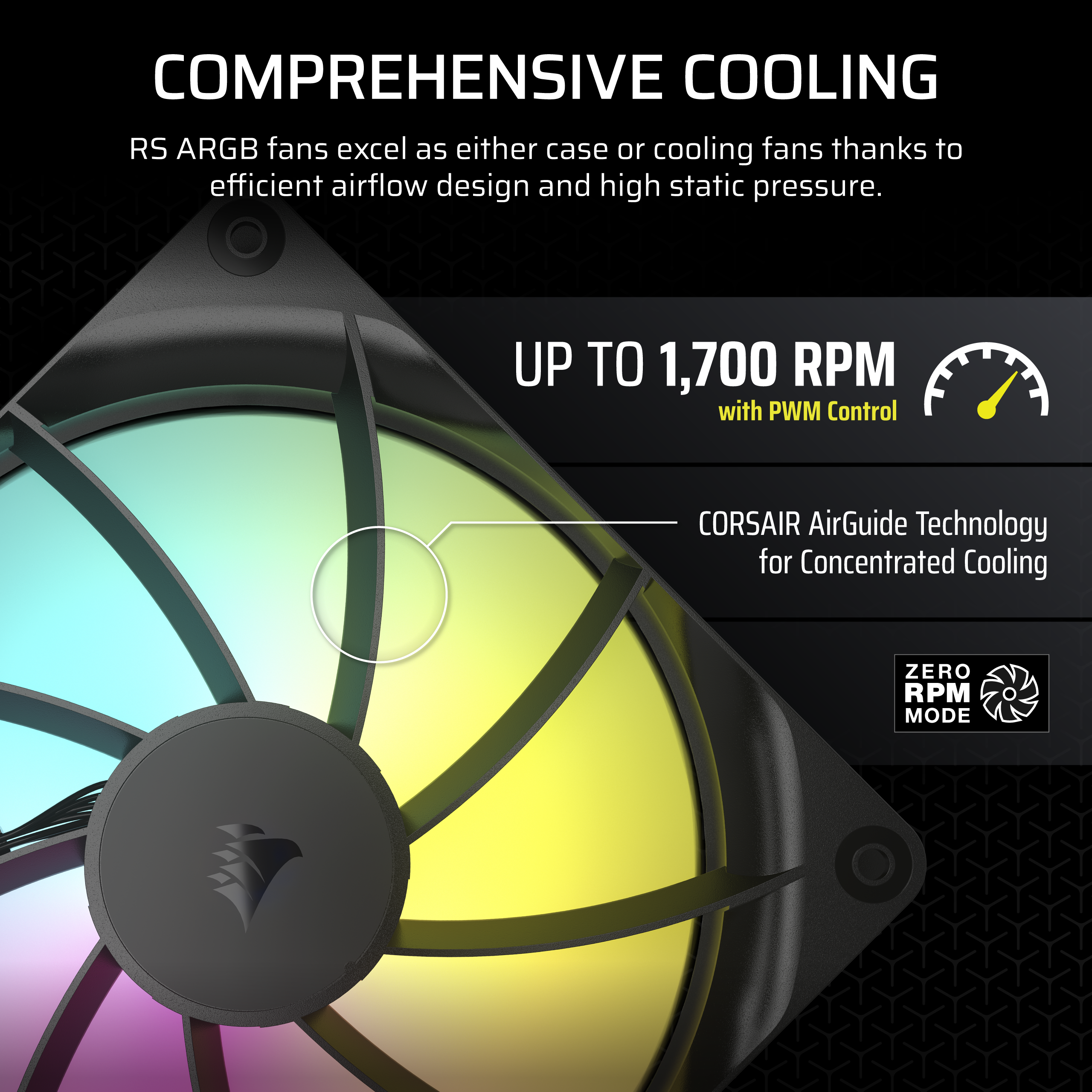 Ein Computerlüfter mit schwarzem Rahmen und Flügeln, mit RGB-Beleuchtung. Text: 'Umfassende Kühlung', 'Bis zu 1.700 U/min'.