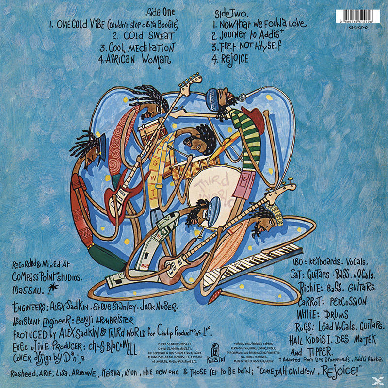 Rückseite des Third World Albumcovers mit Musikerdarstellung und Trackliste.