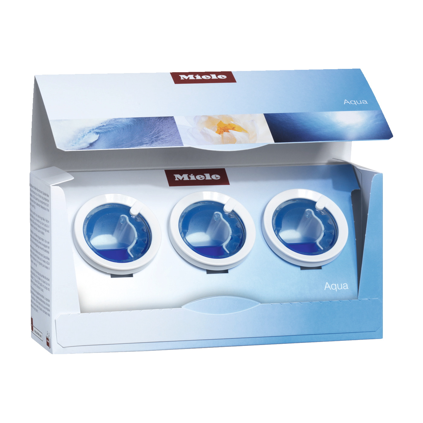 Miele Aqua Duftkapseln in einer blau-weißen Box. Drei Kapseln sichtbar.