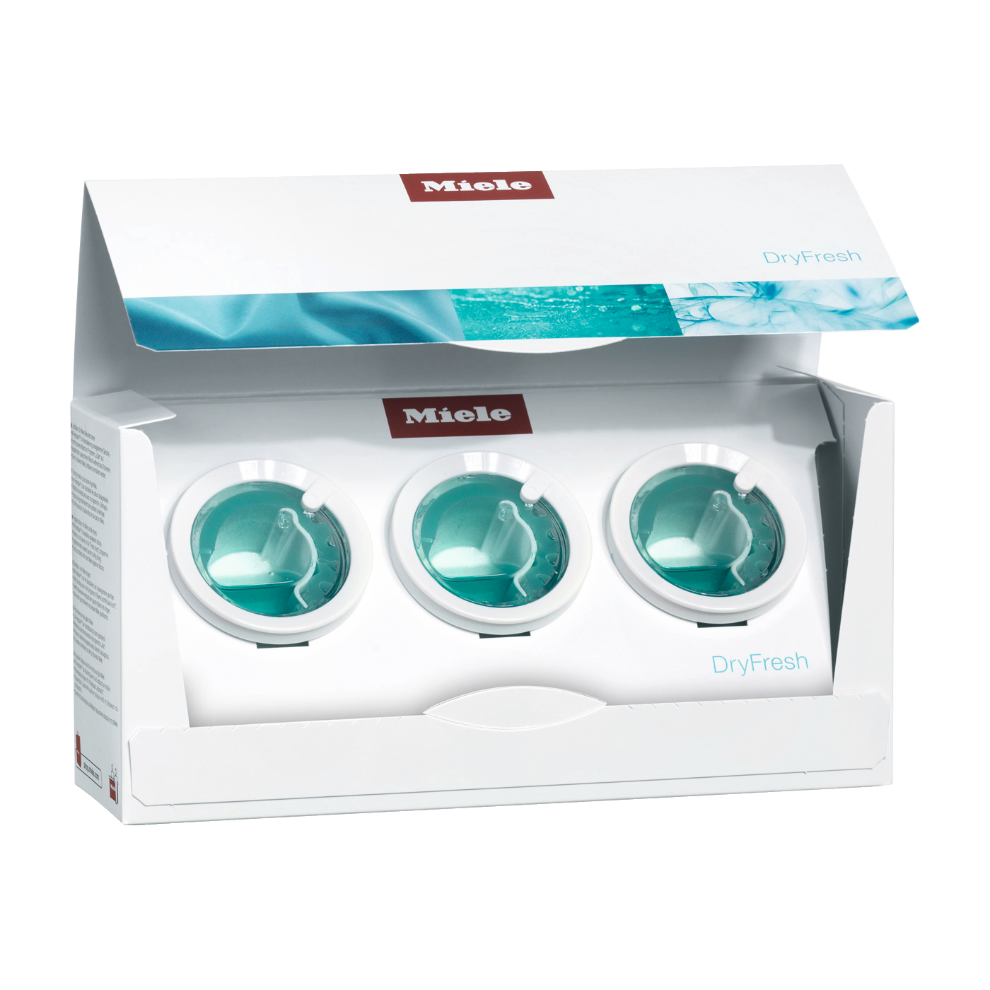 Miele DryFresh: Drei weiße Kapseln mit blauer Flüssigkeit in weißer Verpackung.