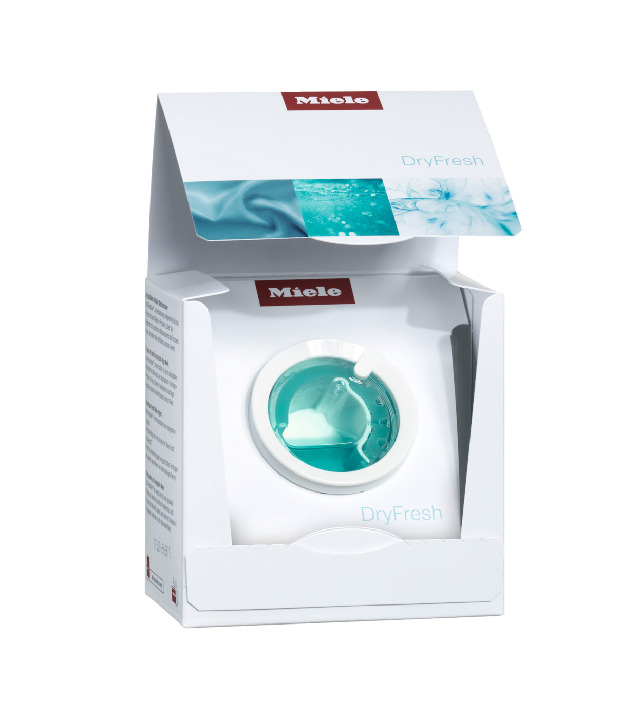 Miele DryFresh Flakon in weißer Verpackung, mit blauer Flüssigkeit.