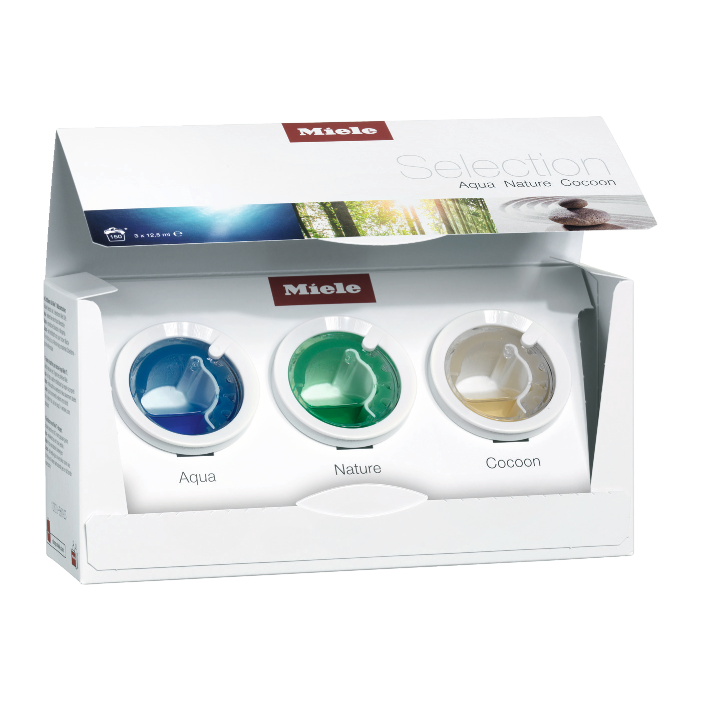 Miele Auswahl-Set mit drei Duftkapseln: Aqua (blau), Nature (grün) und Cocoon (gelb).