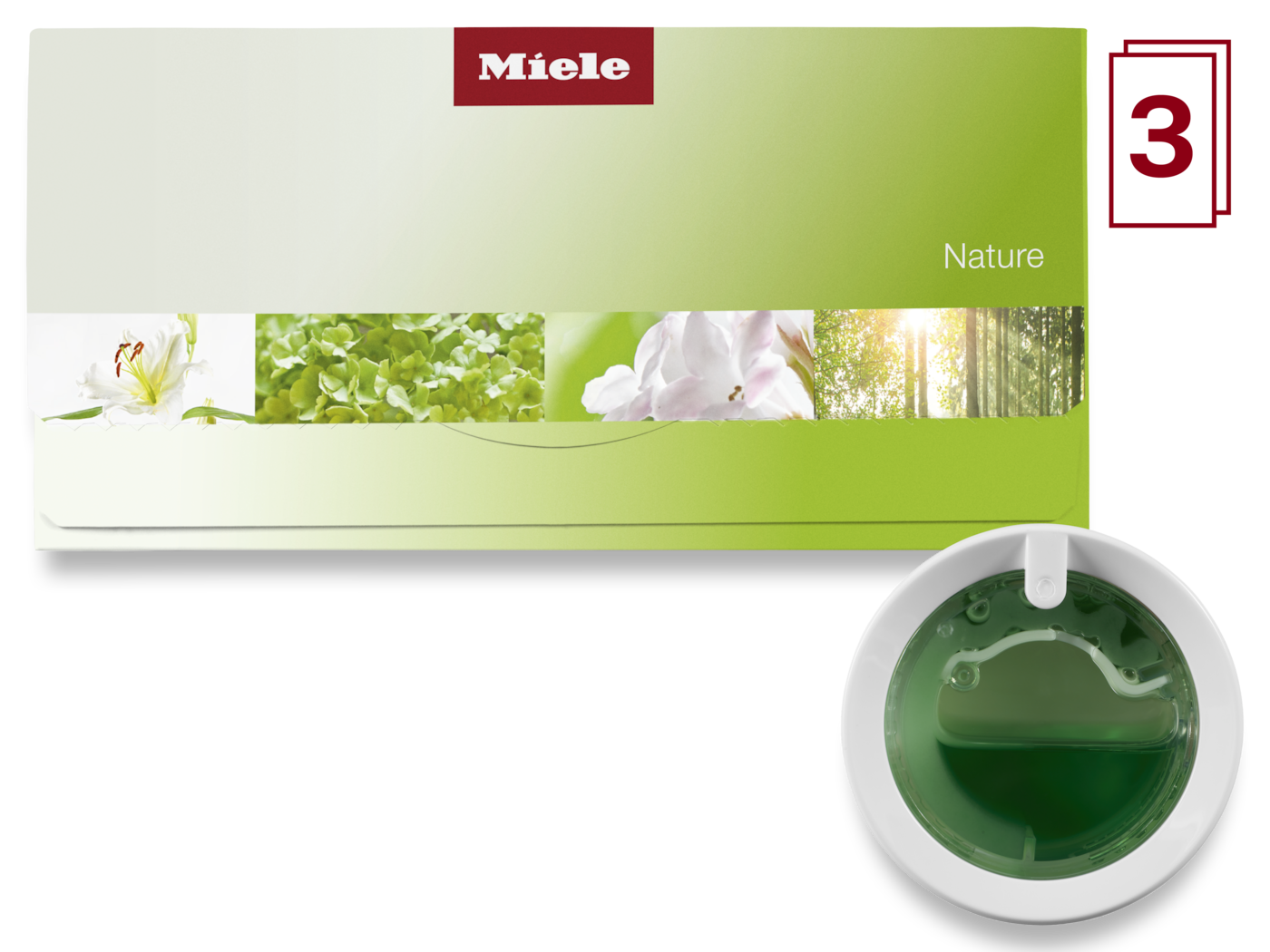 Miele-Verpackung mit Blumenbildern und dem Wort Nature. Unten eine grüne Flüssigkeit in weißer Schale.