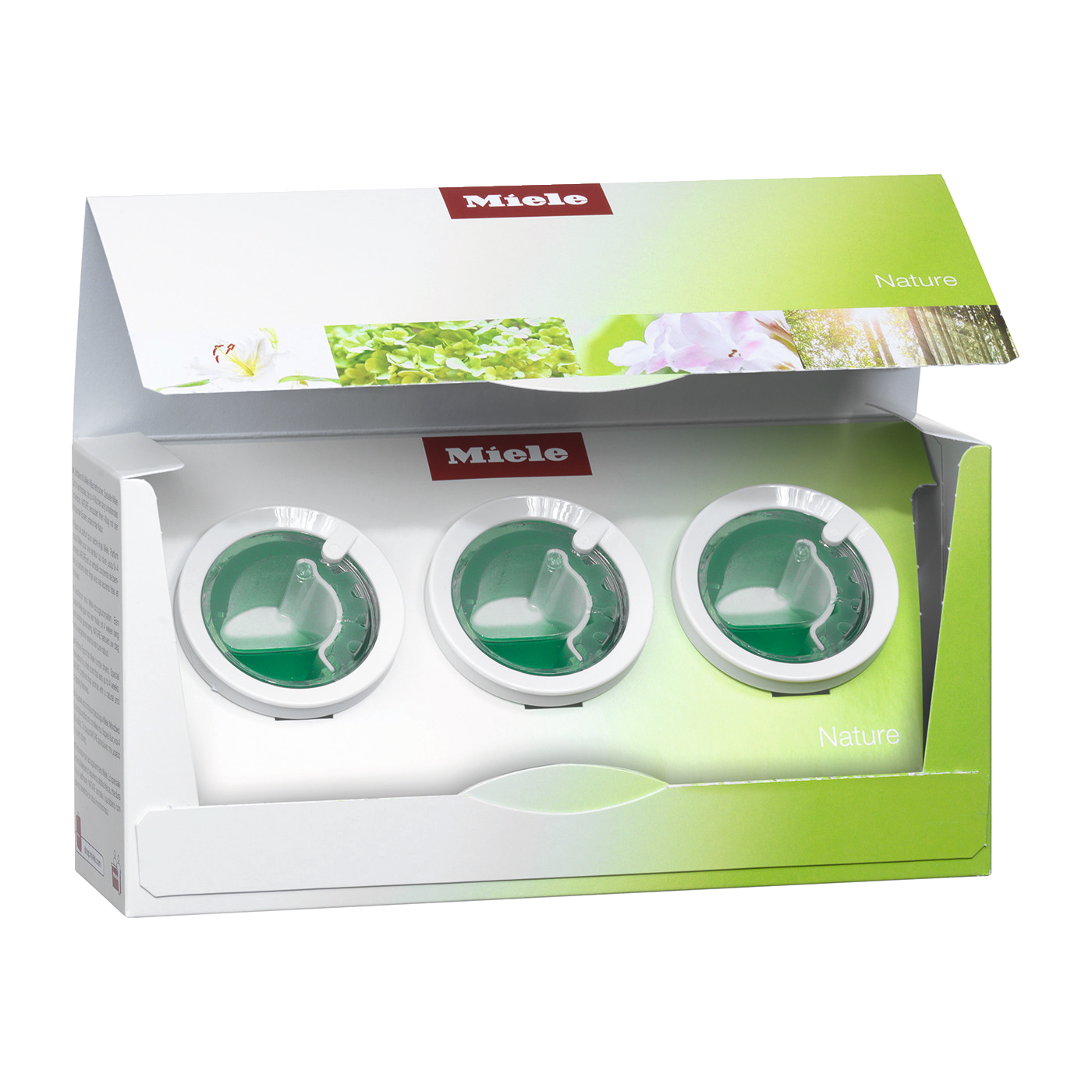 Miele-Verpackung mit drei runden Behältern mit grüner Flüssigkeit.