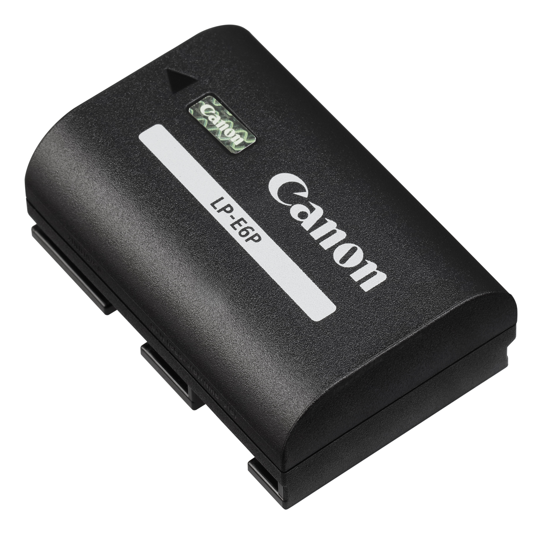 Schwarzer Canon LP-E6P Akku auf weißem Hintergrund. Canon-Logo und weißes Etikett sichtbar.