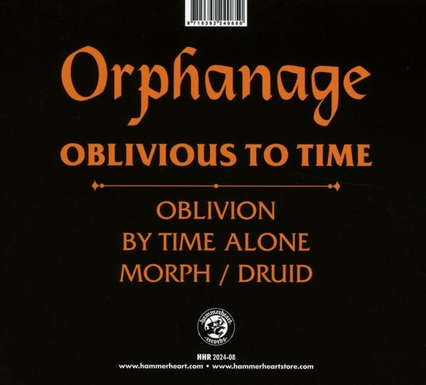 Schwarzer Hintergrund mit orangefarbener Schrift: Orphanage, Oblivious to Time, Oblivion, By Time Alone, Morph / Druid.