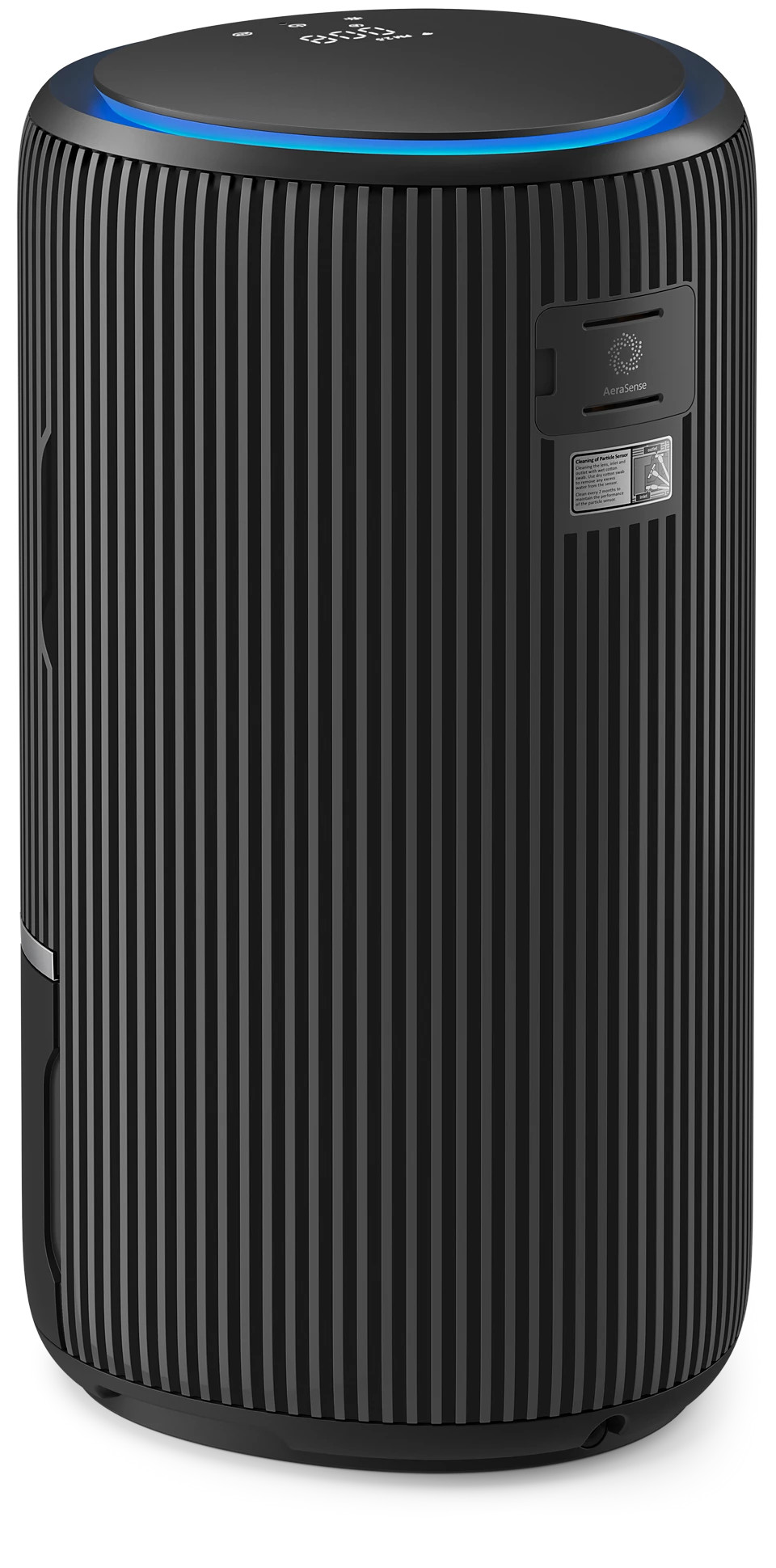 Czarny oczyszczacz powietrza z pionowymi liniami, panelem sterowania u góry i małym panelem z boku.
