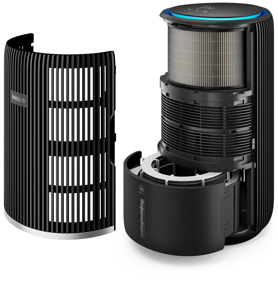 Czarny oczyszczacz powietrza, otwarty, aby pokazać elementy wewnętrzne, z odłączonym panelem.