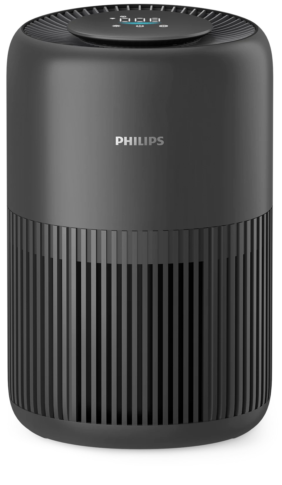 Czarny oczyszczacz powietrza Philips z pionową kratką i wyświetlaczem cyfrowym.