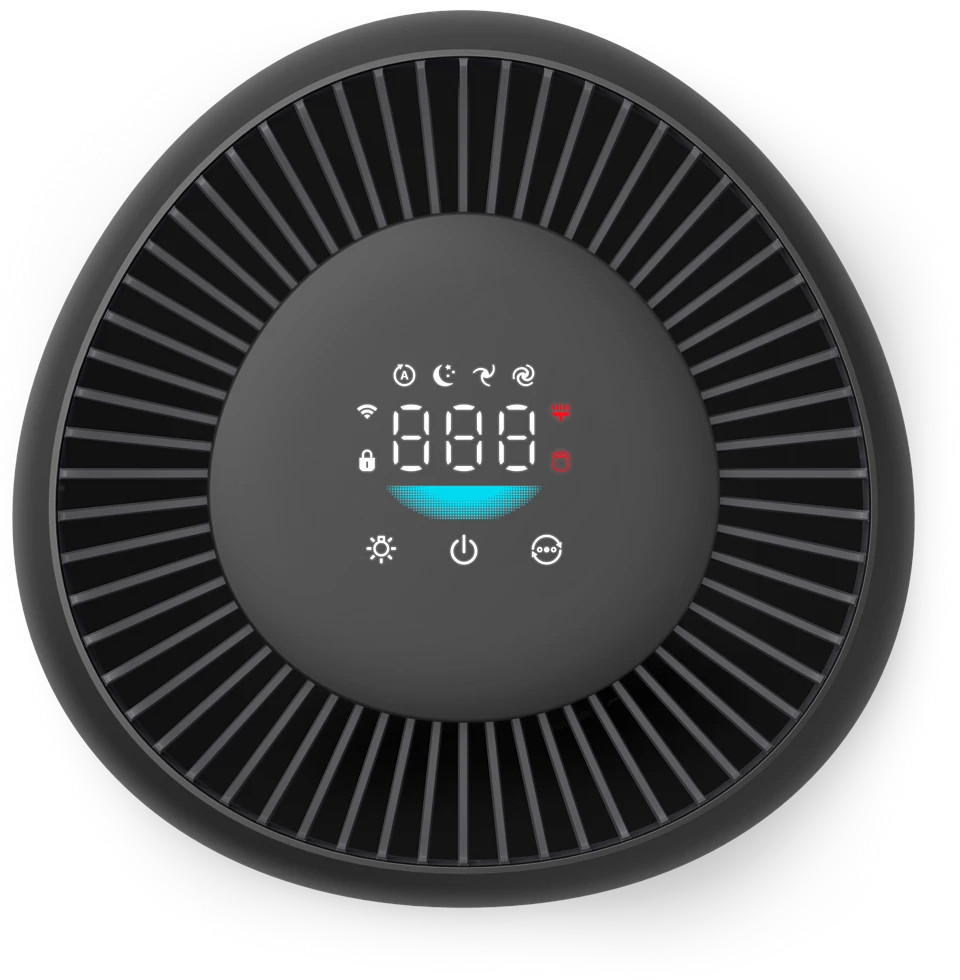 Czarny oczyszczacz powietrza z cyfrowym wyświetlaczem i czarną siatką. Owalny design.