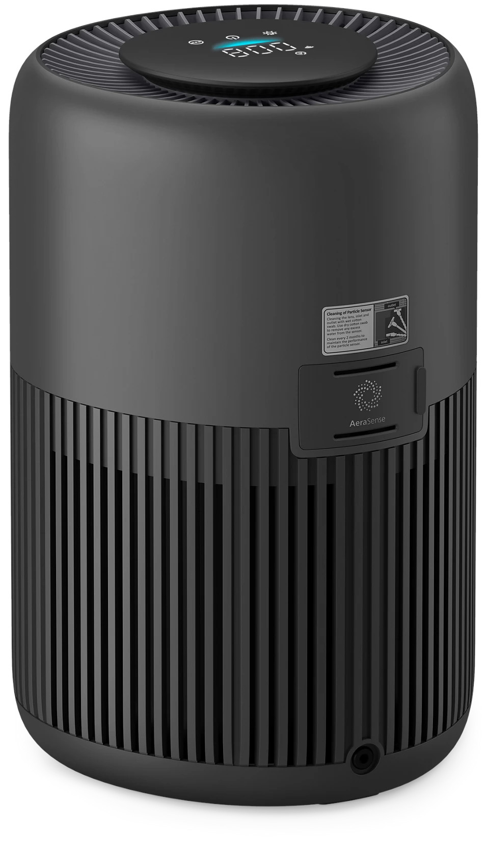 Czarny oczyszczacz powietrza z pionowymi liniami i otworem na dole. Widoczny jest górny wyświetlacz.