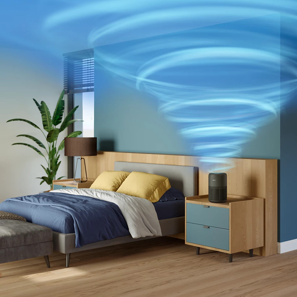 Scena sypialni z łóżkiem, szafką nocną z oczyszczaczem powietrza i efektem niebieskiego tornada.