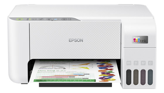 Biała drukarka Epson drukująca kolorowy wykres z tekstem.