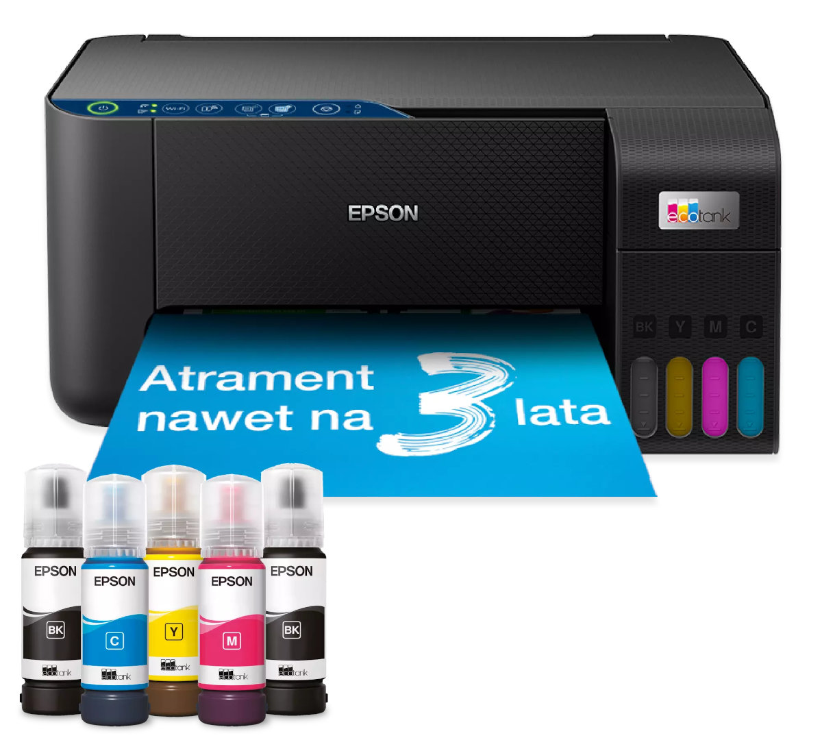 Czarna drukarka Epson z butelkami z tuszem. Niebieski papier z polskim tekstem i dużą 3. Kolory tuszu: czarny, cyjan, żółty, magenta i cyjan.