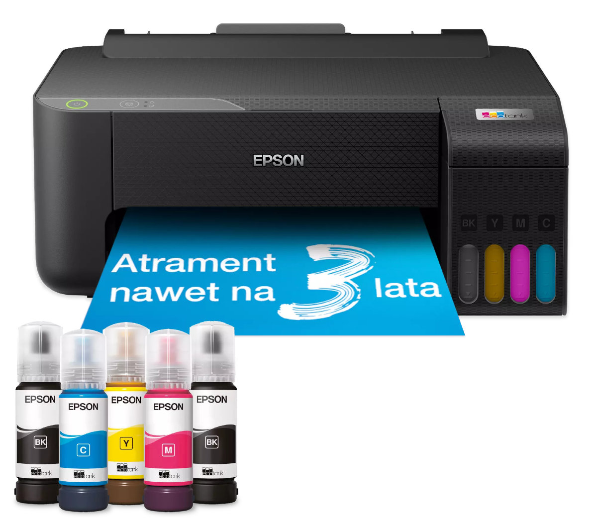 Drukarka Epson z butelkami z tuszem. Czarna drukarka z wielokolorowymi zbiornikami z tuszem. Tekst po polsku.