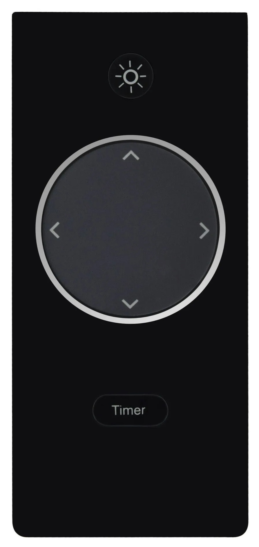 Czarny pilot z okrągłym panelem sterowania i przyciskiem Timer.