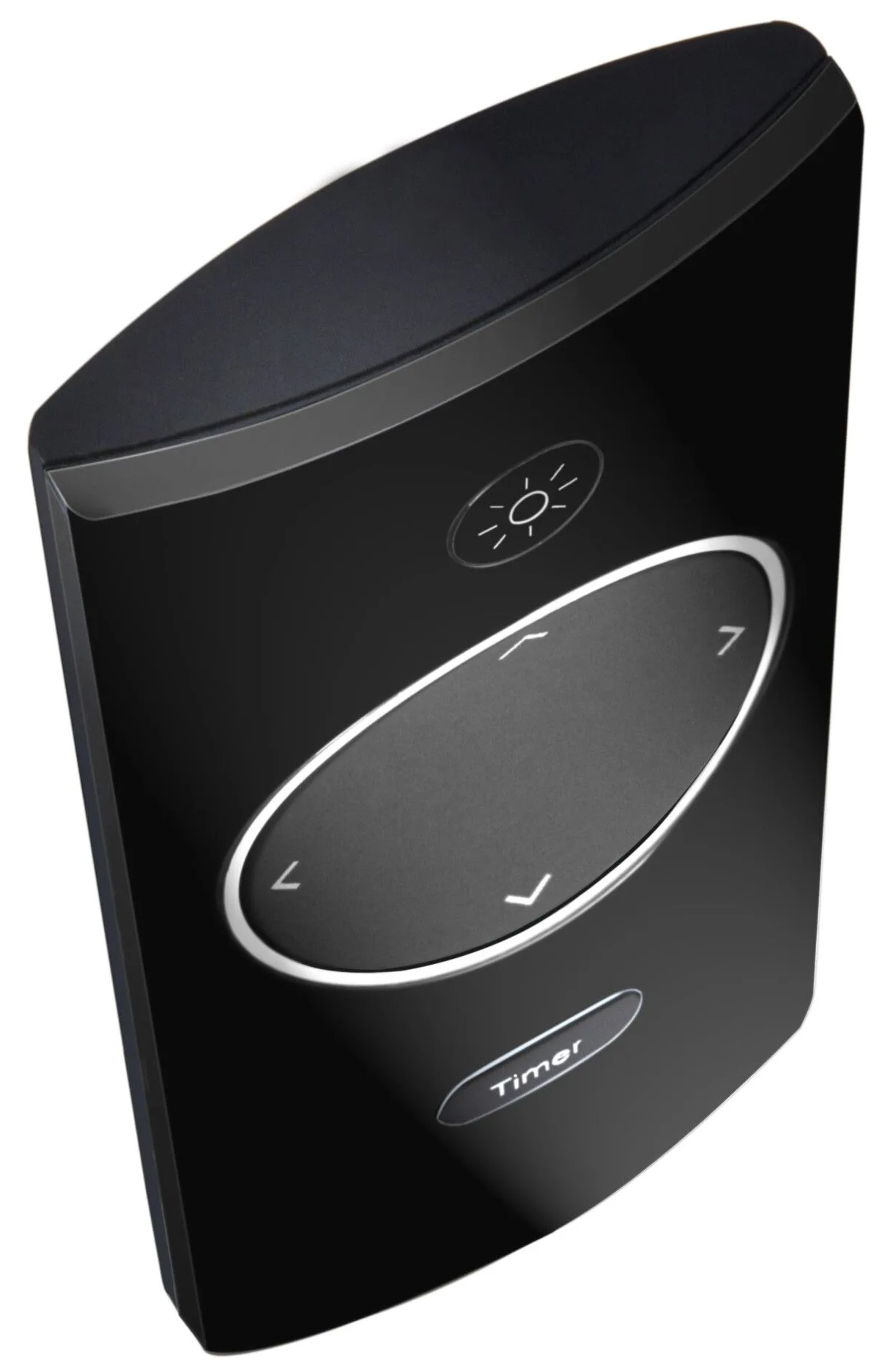 Czarny pilot z przyciskami i ikoną światła na białym tle.