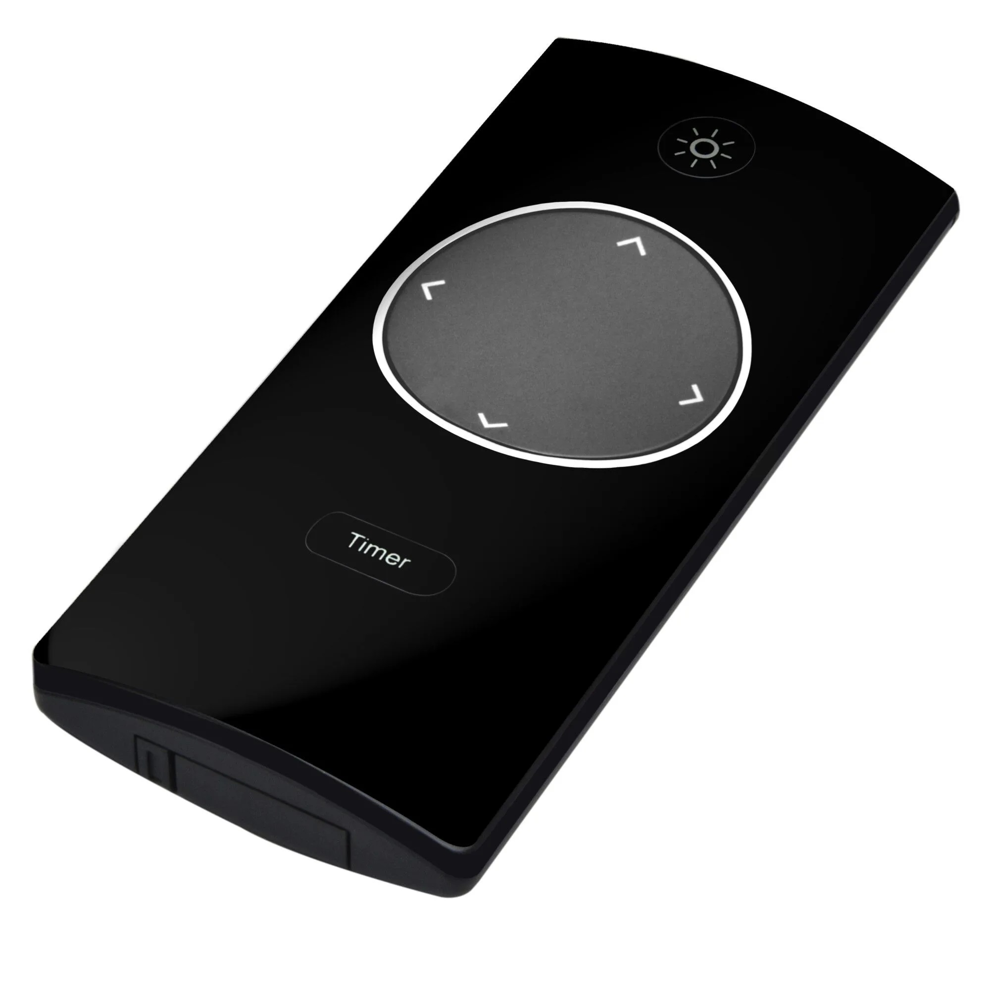 Czarny pilot z okrągłym panelem sterowania i przyciskiem timera.